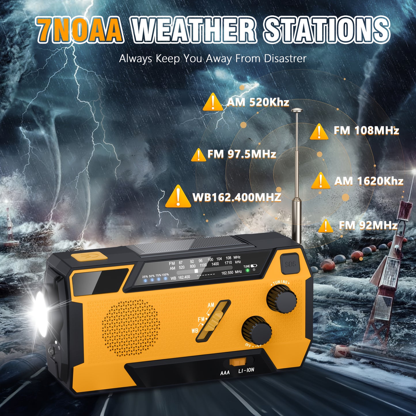Portable Emergency Radio Survival Gear With Power Bank, AM/FM/NOAA Weather Radio, 2000mAh Lithium Battery, Featuring A Non-Extendable 3-in-1 Built-in Recharge Cable, Hand Crank & Solar Charging, SOS Alarm/Flashlight For Emerg