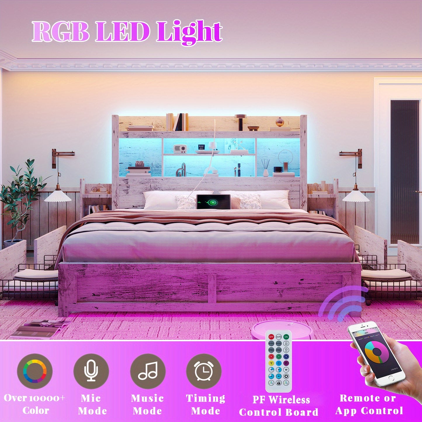 PAPABABE Bed Frame Featuring a 49.6-Inch Bookcase Headboard, Four Drawers, And Two Removable Storage Racks - a Farmhouse-Style Wooden Bed Frame Equipped with RGB LED Lights And a Charging Station, No Box Spring Required
