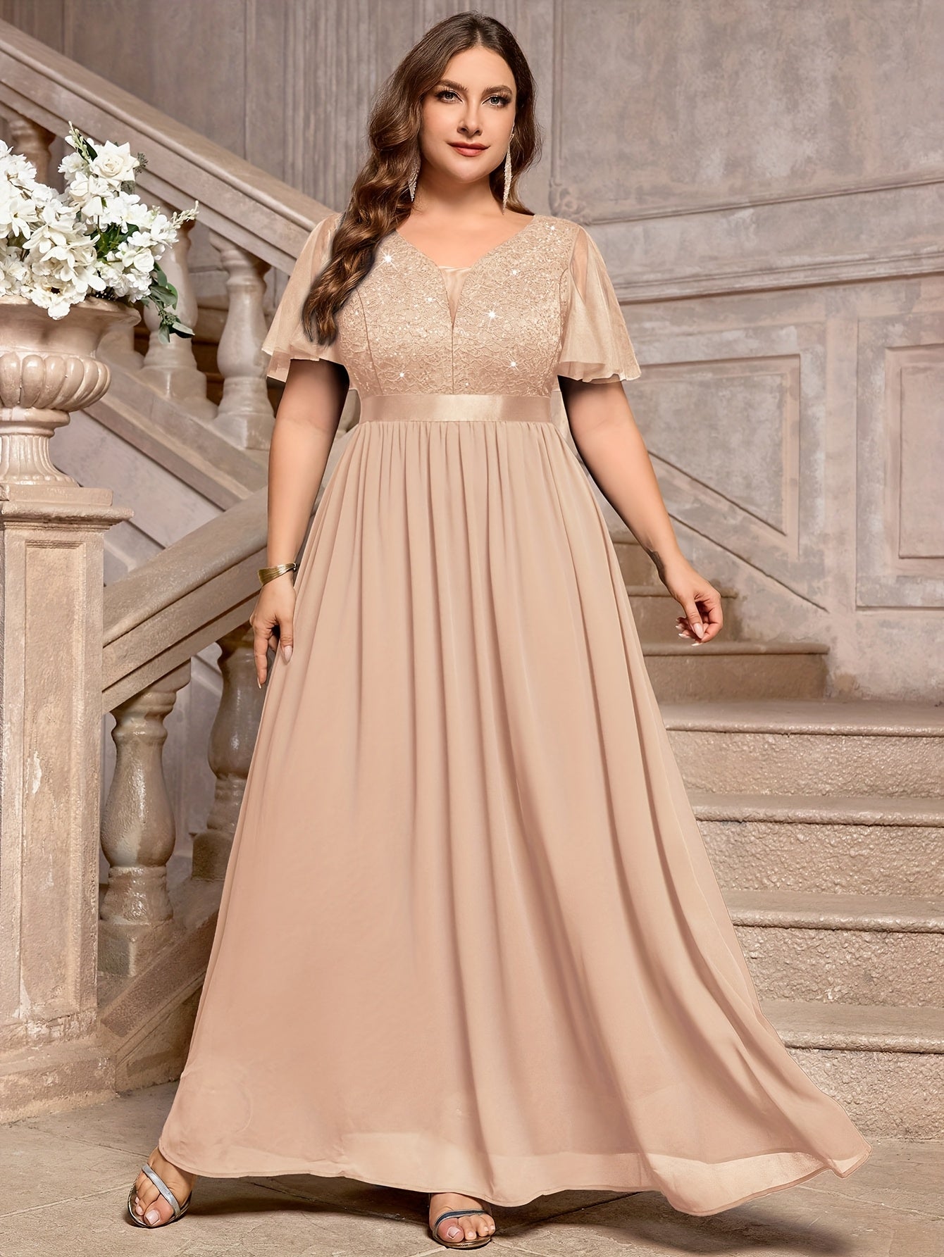 Plus Size - P54385A Elegant Plus Size Sequin Lace Bridesmaid Dress, Sweetheart Neckline With Mesh Ruffle Sleeves, Pleated Chiffon Skirt For Formal Parties, Evenings, Weddings