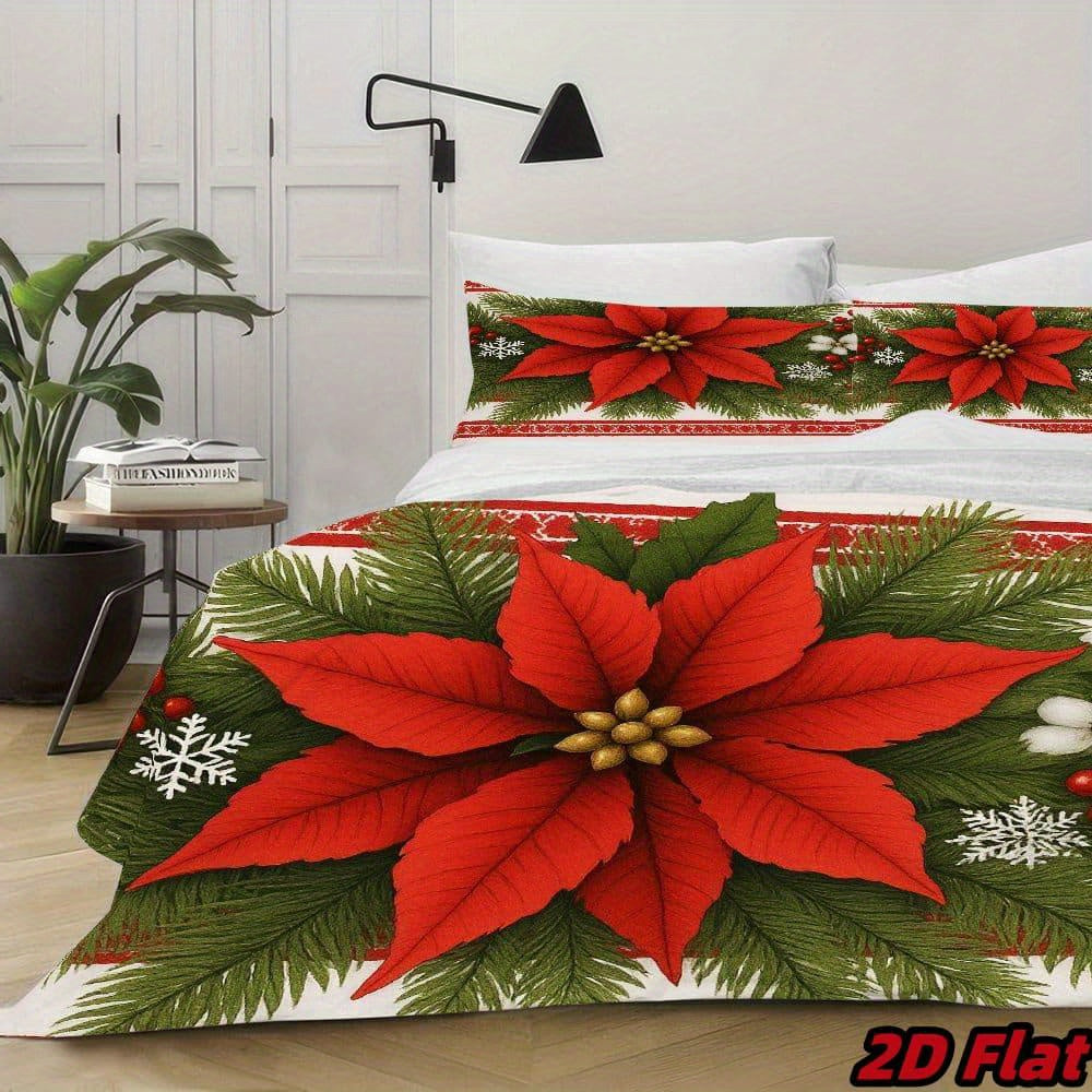 3pcs 2D Flat Christmas Poinsettia Duvet Cover - Red Flower Bedding with Green Pine Branches, Snowflake Pattern, Soft Breathable Polyester, Winter Holiday Bedroom Decor, All-Season 100% fiber fabric 1 Duvet Cover + 2 Pillowcas