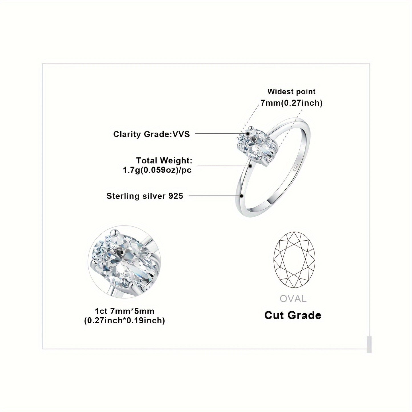 1pc Moissanite 1ct&2ct 925 Sterling Silver Elegant And Luxury Exquisite Oval Cut Synthetic Moissanite Wedding Engagement Solitaire Ring for Woman for Girl for Dating Gift for Daily Decoration Fine Jewelry