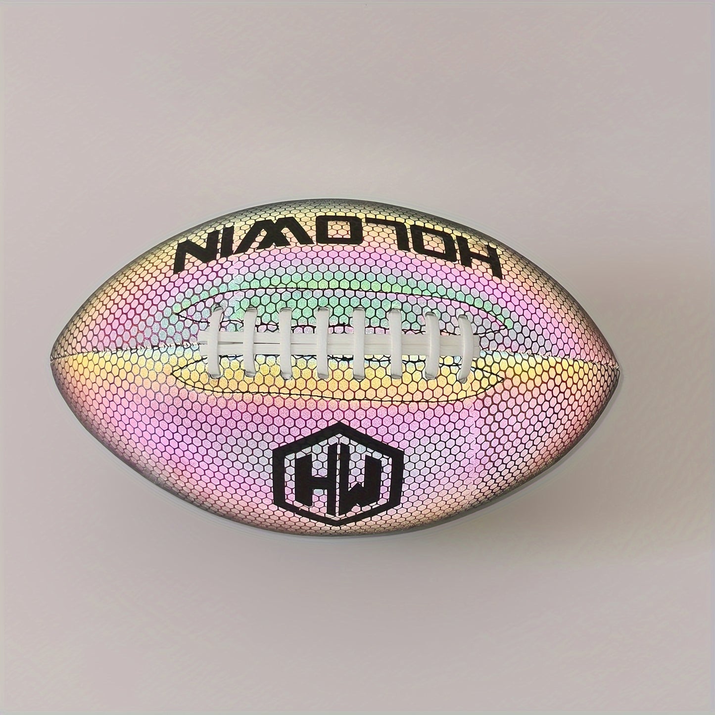 1 Reflective Holographic Football - Glows in the Dark, PU Material, Black with Colorful Iridescent Finish & "HW" Logo - Ideal for Night Games, Halloween, Youngsters' Night, Christmas, Thanksgiving & New Year Gifts