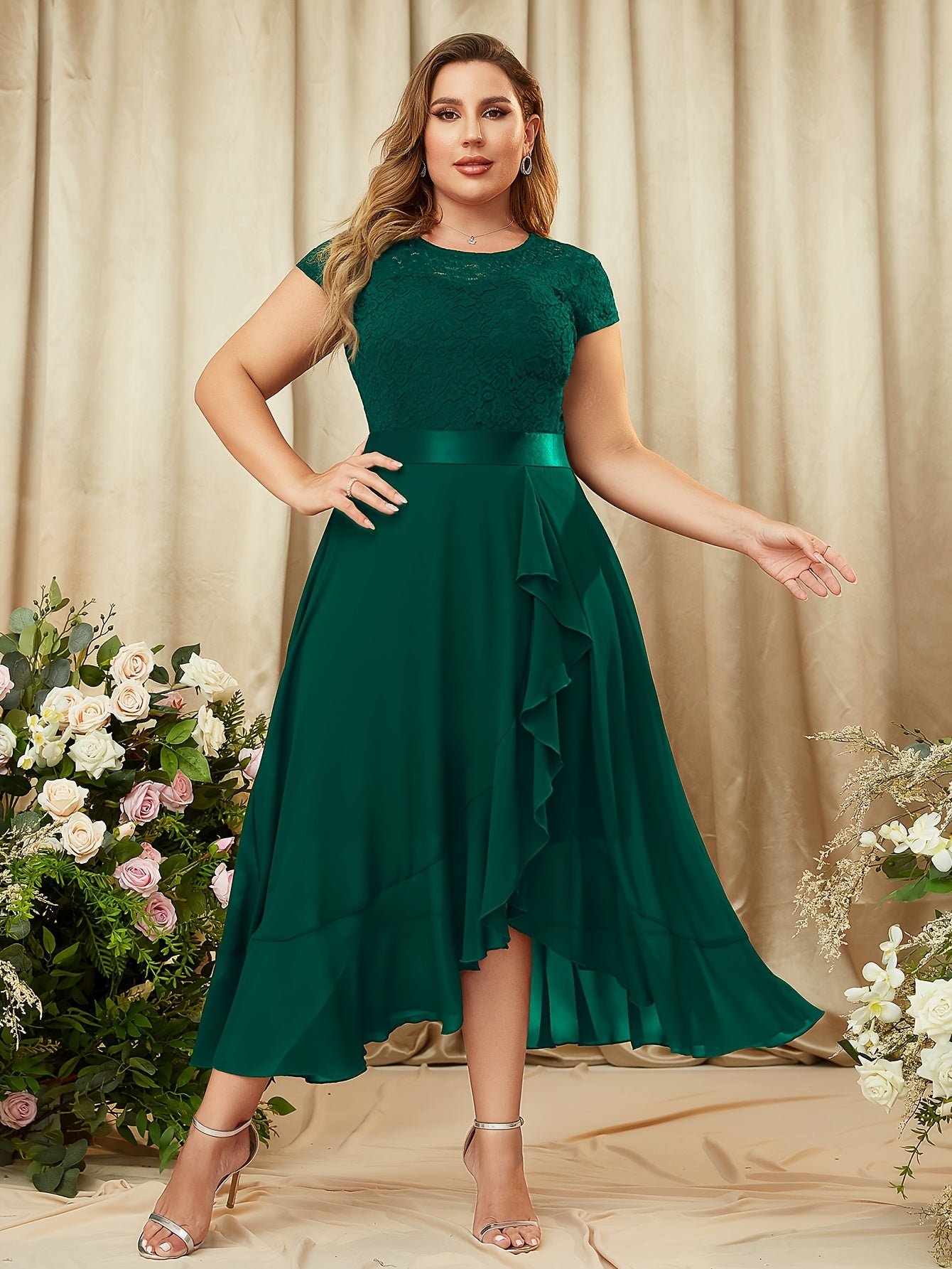 Plus Size, Women's Elegant Plus Size Bridesmaid Dress - Floor-Length Formal wedding gown with Ruffled Hem, A-Line Maxi dress in Deep Purple/, Machine Washable Chiffon for Prom, Evening Parties, Bridal Party - Structured Fit &