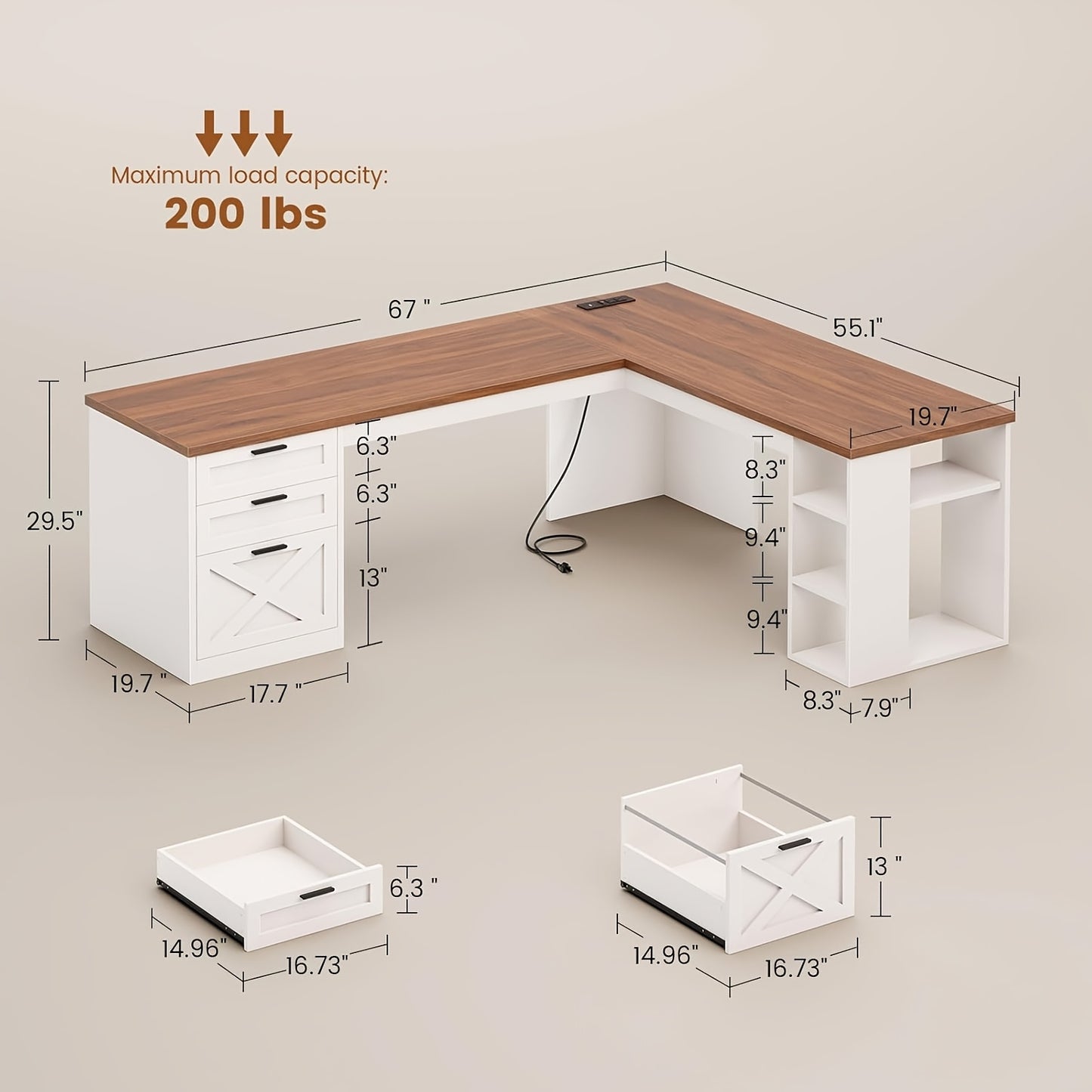 L-Shaped Desk for a Farmhouse Style, Featuring Ample Storage, a Spacious Computer Workspace with Power Outlets, Drawers, And Open Shelving, Designed for Corner Placement, with a White And Brown End