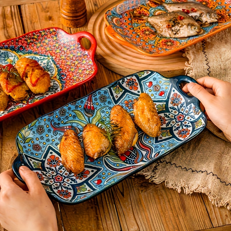 TAUFIKT Set Of 4 Large Rectangular Bohemian Ceramic Fish Plates - Elegant Steamed Fish Plates for Home, Kitchen And Restaurant - Durable, Easy-to-clean, Space-saving Design Can Be Used for Christmas, Valentine's Day, Thanksgi