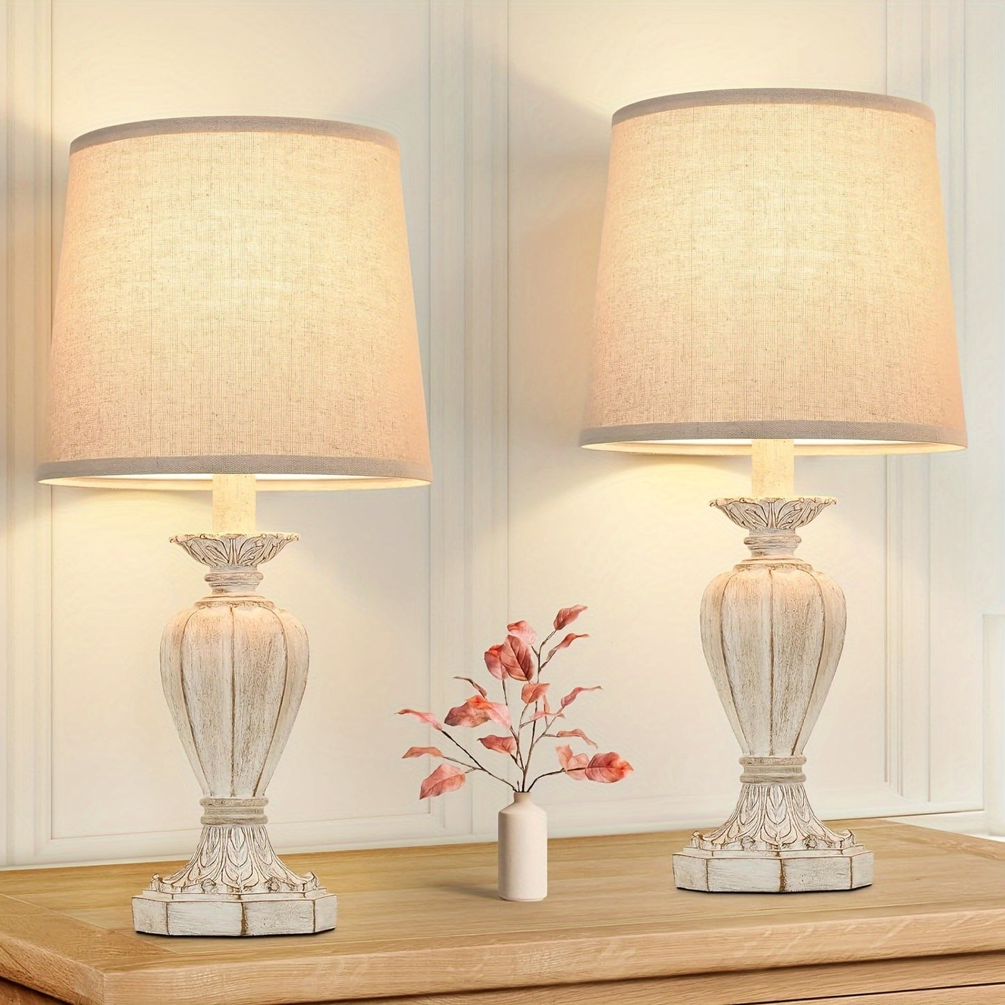 Pair of 19-Inch Farmhouse Table Lamps, Rustic Nightstand Lamps for The Bedroom, White Traditional Bedside Desk Lamps Featuring Vintage Beige Fabric Shades Suitable for The Living Room