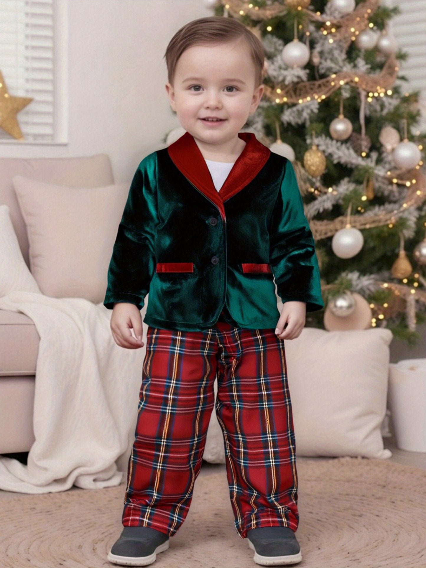 Toddler Infant Baby Boy Christmas Outfit Button up Long Sleeve Jacket and Elastic Plaid Pants 2pcs, Simple Fashion Fall Clothes for 1-4 Years, Perfect for Christmas Parties, Family Photos, Holiday Gatherings Cool Days, Perfec