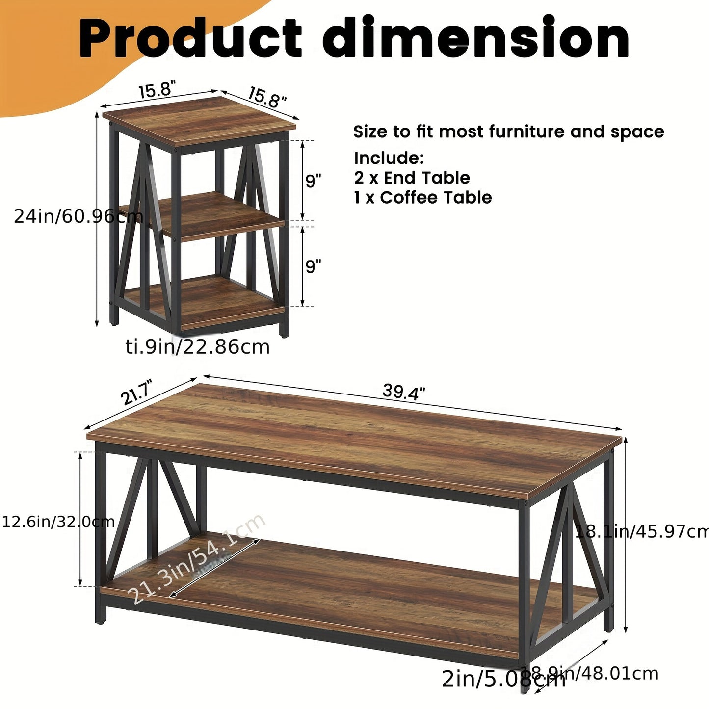 WuuFii 3pcs Living Room Table Set, Industrial Coffee Table with 2 Square End Side Tables, Coffee Table Set with Metal Frame for Apartment Home Office, Rustic Brown