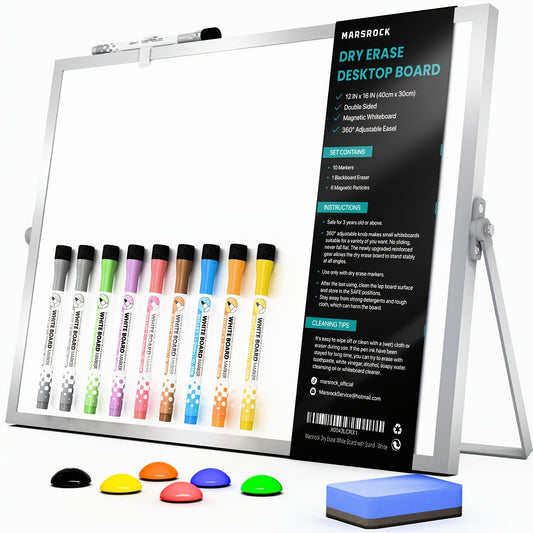 16"x12" Double-Sided Dry Erase White Board with Stand | Includes 10 Markers, 6 Magnets, 1 Eraser, Portable Desktop Whiteboard for Planning, Colorful Weekly Schedule Board for Home Use