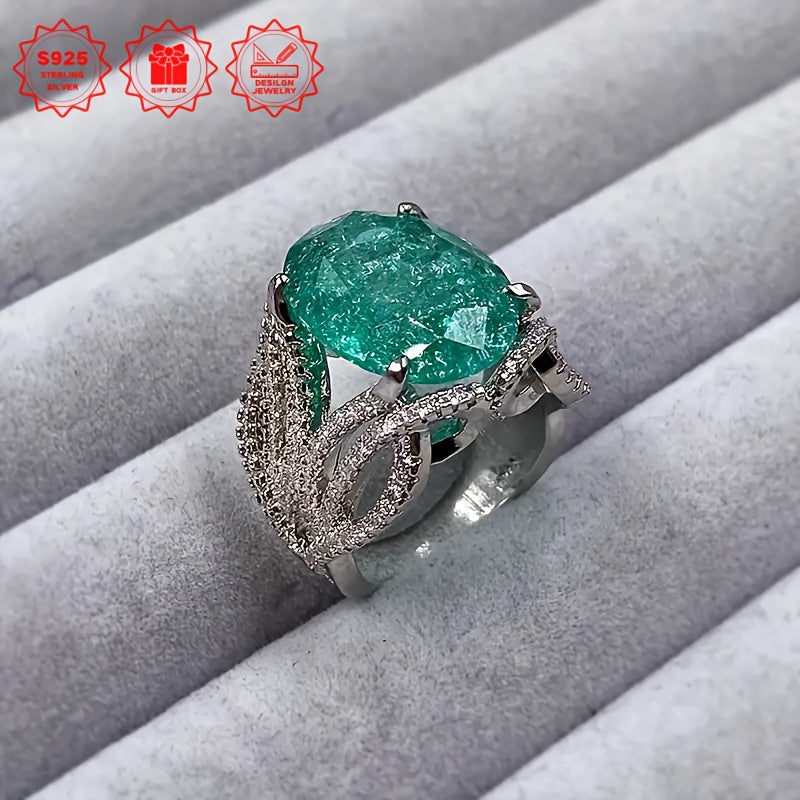 Ladies' 925 Silver Luxury Fashion Classic Retro Color Treasure Paraibapa Ring Women's Promise Engagement Wedding Pure Silver Full Moissanite Moissanite Ring Suitable for Daily Birthday Gifts Wedding Ring Give Her Or Him (Gift