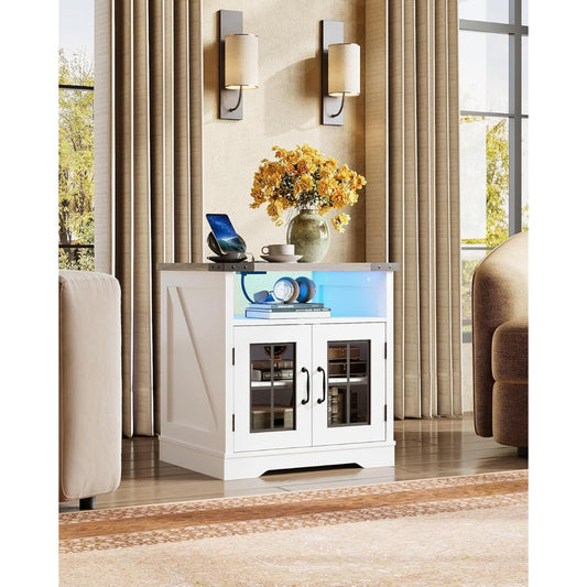 Modern Farmhouse End Table with Charging Station & LED Nightstand - Adjustable Shelf, White Wood Bedside Table for Bedroom/Office/Living Room, Portable Side Table with Plug (125V), Assembly Required