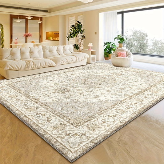 Plush Velvet Floral & Geometric Area Rug - 850 GSM Non-Slip Backing, Machine Washable Polyester - Soft Beige & Cream Design for Living Room, Bedroom, Office - Lightweight Decorative Floor Mat for Game Rooms & Home Decor