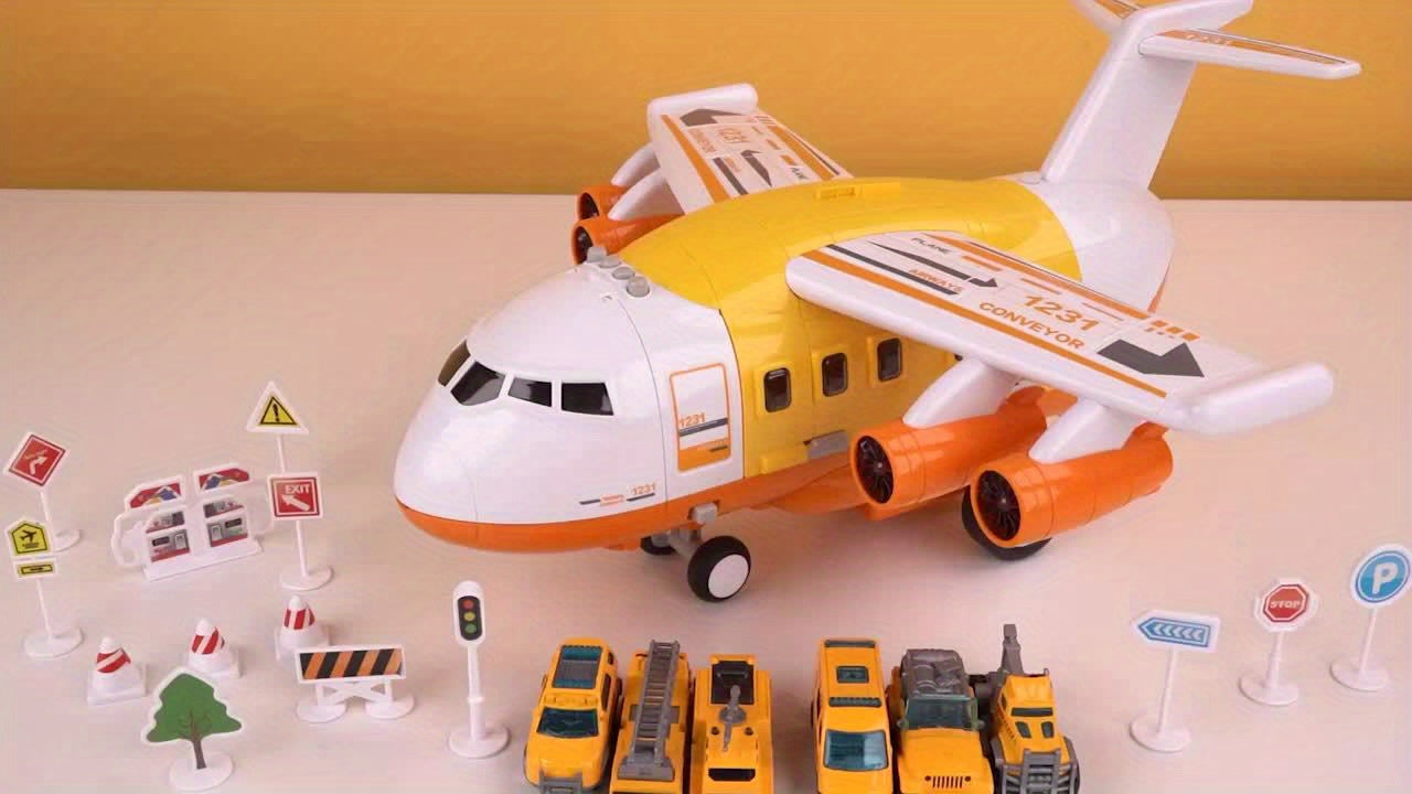Educational Airplane with Steam Lights and 4 Cars in Yellow - Colorful Box Set