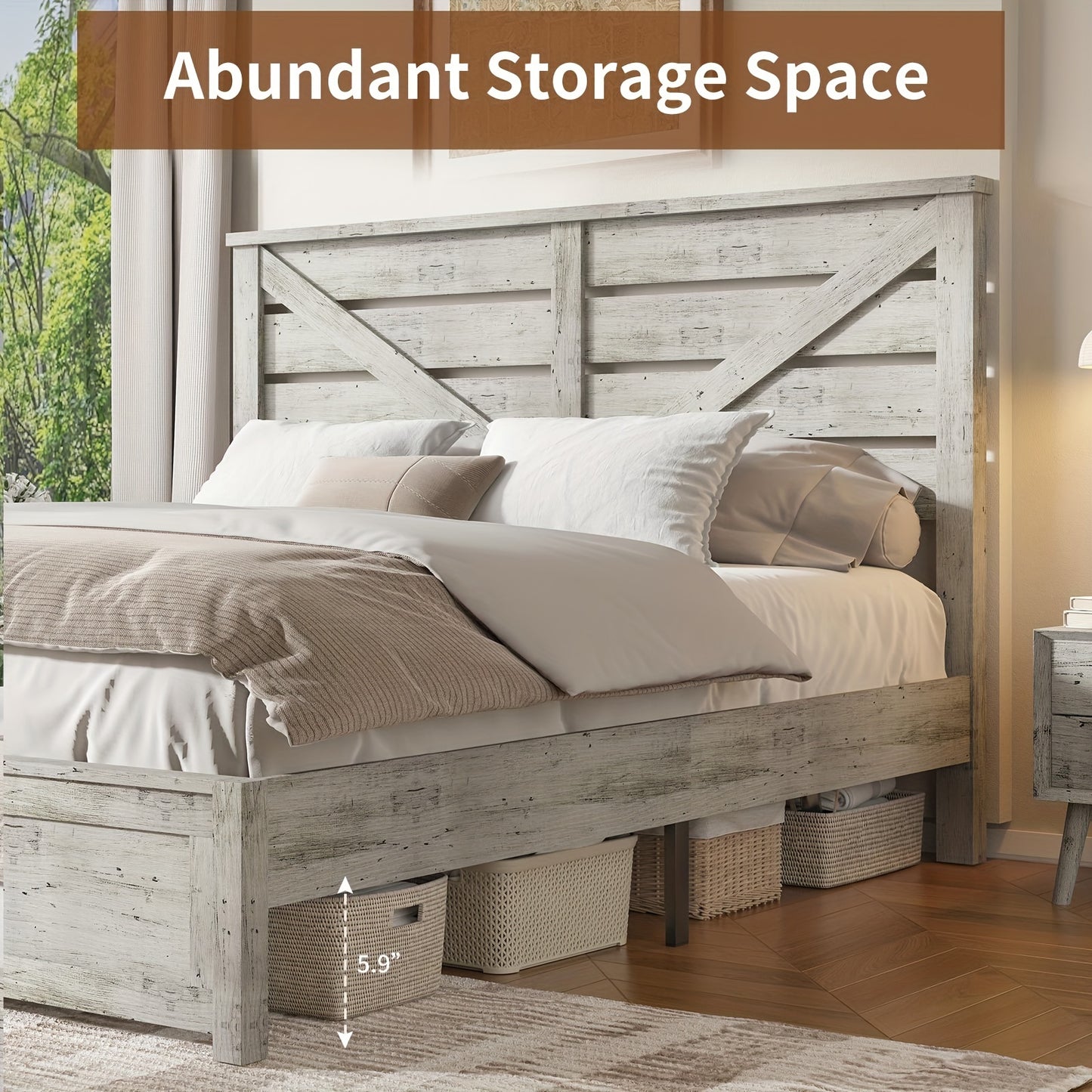 LUXOAK Farmhouse Wooden Platform Bed Frame with 49.2" Headboard - No Box Spring Needed, Noise-Free, Easy Assembly