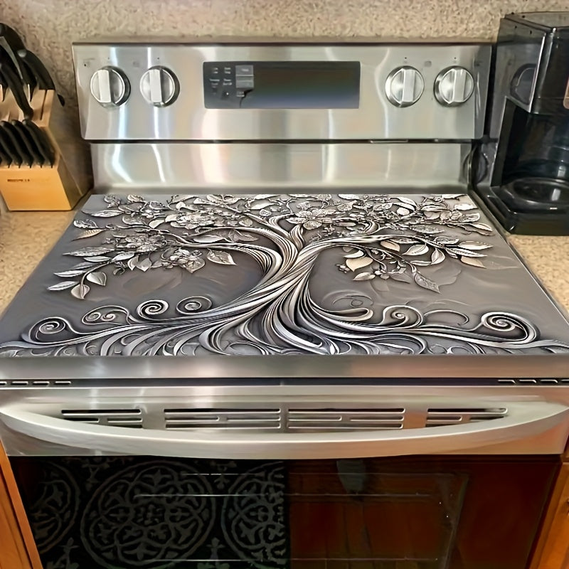 Silvery Plant Stove Cover Protector - Heat-Resistant Kitchen Counter Mat, 28.46x20.59 Inches, Non-Slip Washer/Dryer Pad, Floral Design, Scratch-Resistant & Easy-to-Clean Home Decor, Flat Product, Image for Reference Only
