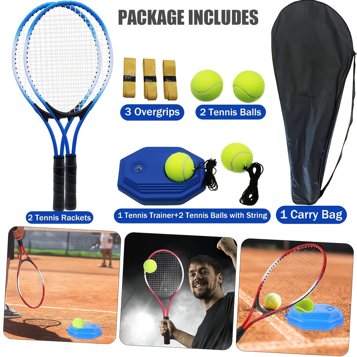 Double-person Junior Tennis Racket Set, Multi-functional Sports Racket, Includes 1 Tennis Training Device, 4 Tennis Balls, 2 Ropes, 3 Replacement Grips, 1 Net Bag. Suitable for Ladies, Gentlemen And Beginners. The Best Gift f