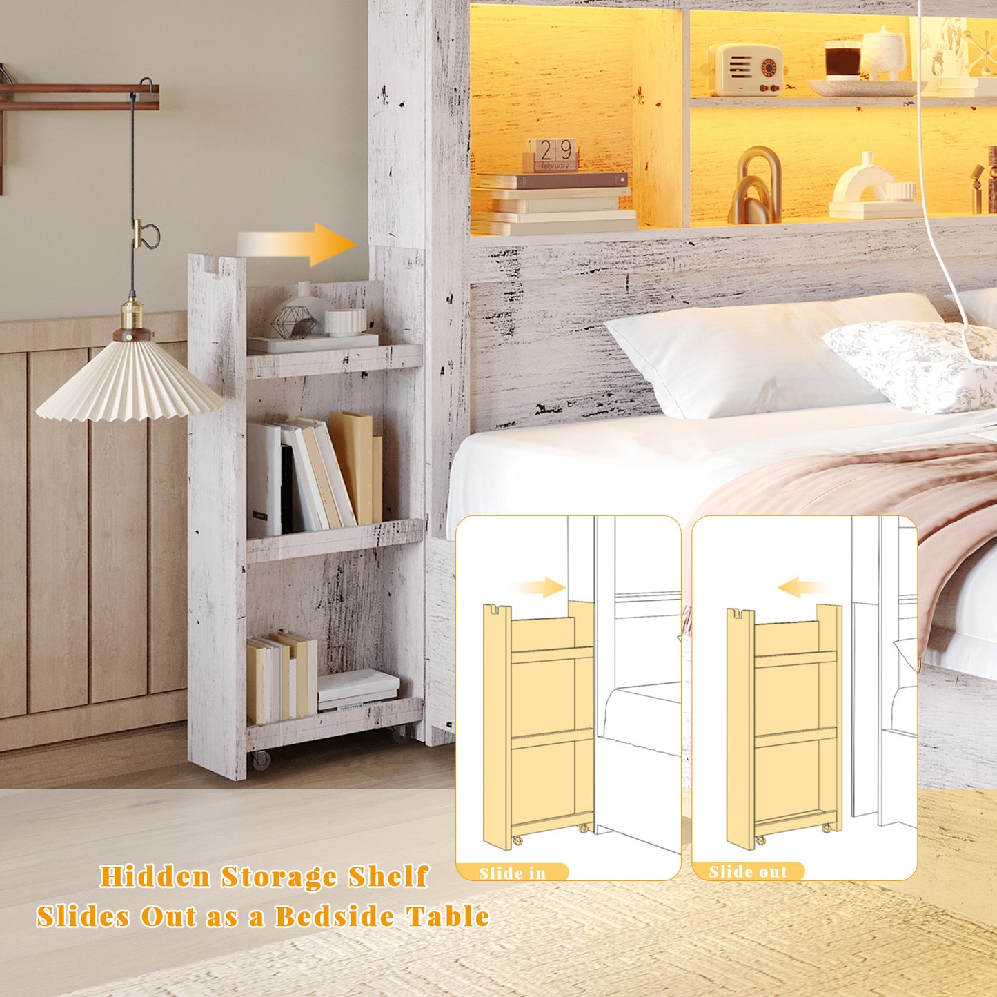 PAPABABE Bed Frame Featuring a 49.6-Inch Bookcase Headboard, Four Drawers, And Two Removable Storage Racks - a Farmhouse-Style Wooden Bed Frame Equipped with RGB LED Lights And a Charging Station, No Box Spring Required