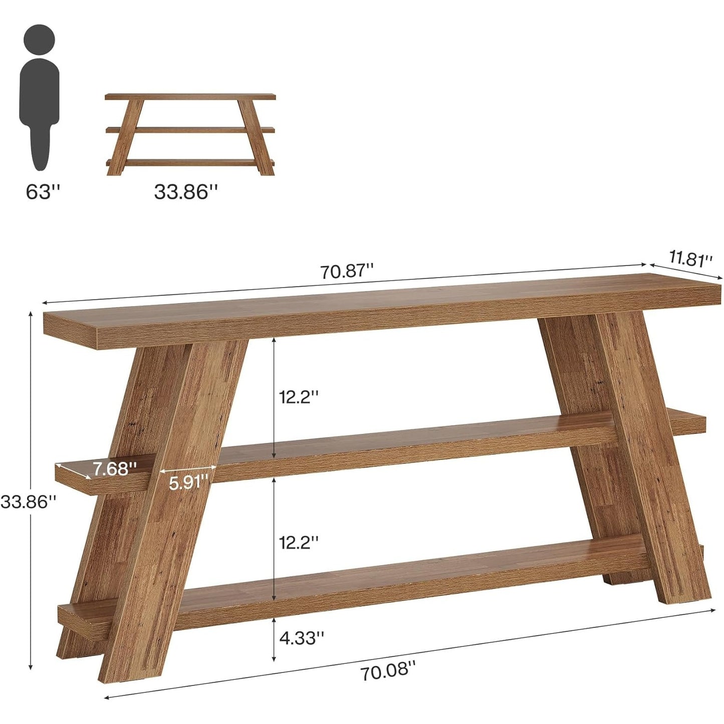 70.9" Extra Long Farmhouse Console Table with 3-Tier Storage - Narrow Sofa Table Behind Couch, Engineered Wood Entryway Hallway Table with Spacious Top & Lower Shelf, Easy Assembly, Brown for Living Room, Foyer, Behind Sofa -