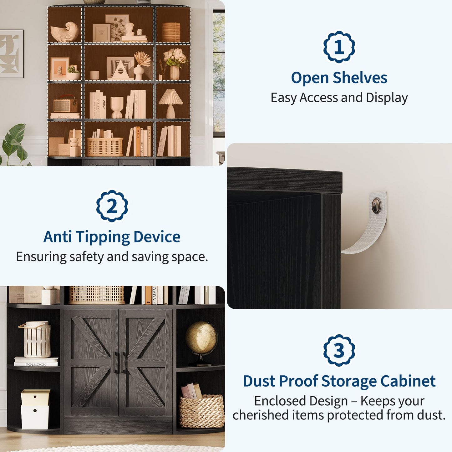 FurniStyle 75-inch Tall Grey 6-Tier Bookcase with Black Accents | Adjustable Shelves, Doors, Anti-Tip Hardware, Freestanding Hardwood Construction for Living Room, Office, or Bedroom Storage