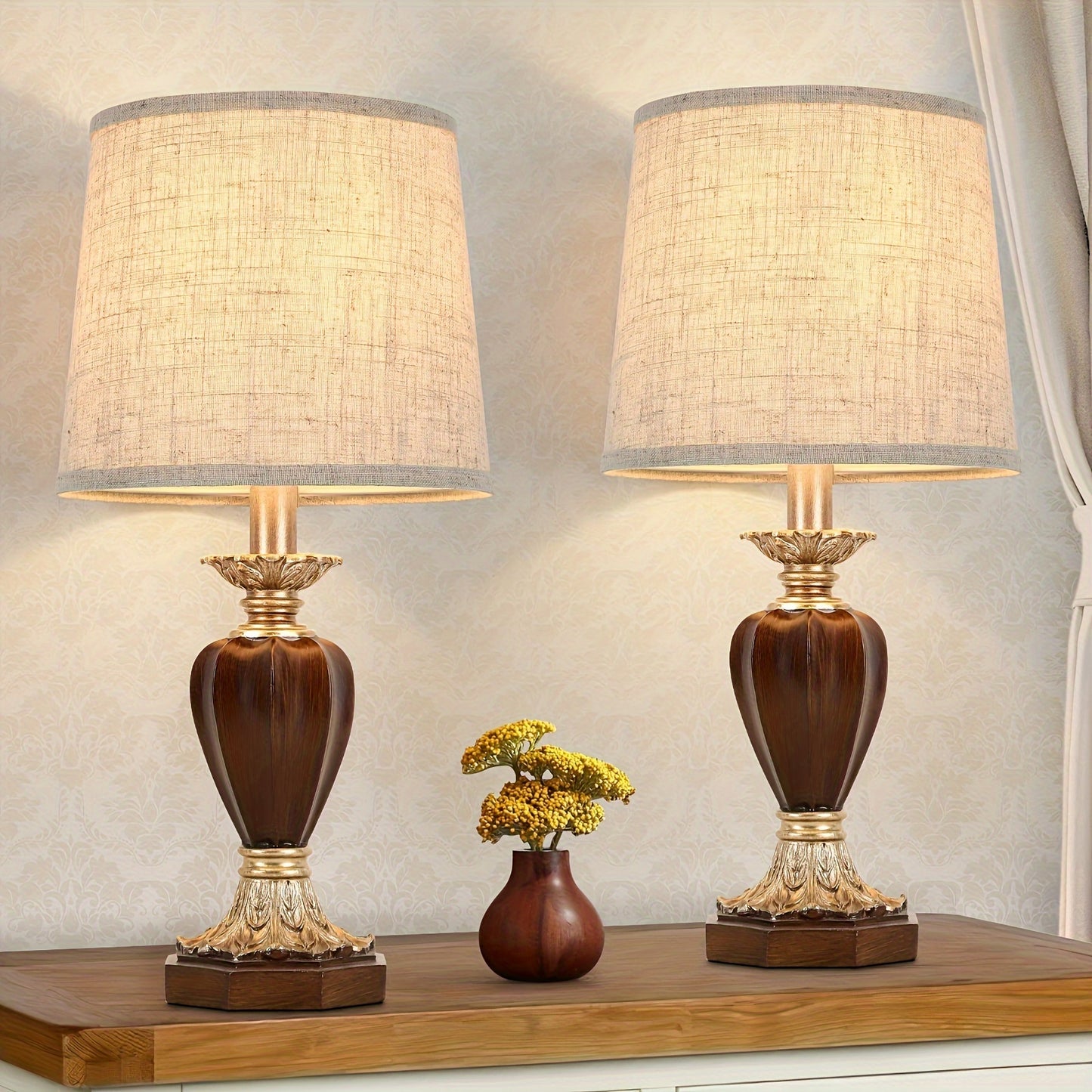 Pair of 19-Inch Farmhouse Table Lamps, Rustic Nightstand Lamps for The Bedroom, White Traditional Bedside Desk Lamps Featuring Vintage Beige Fabric Shades Suitable for The Living Room