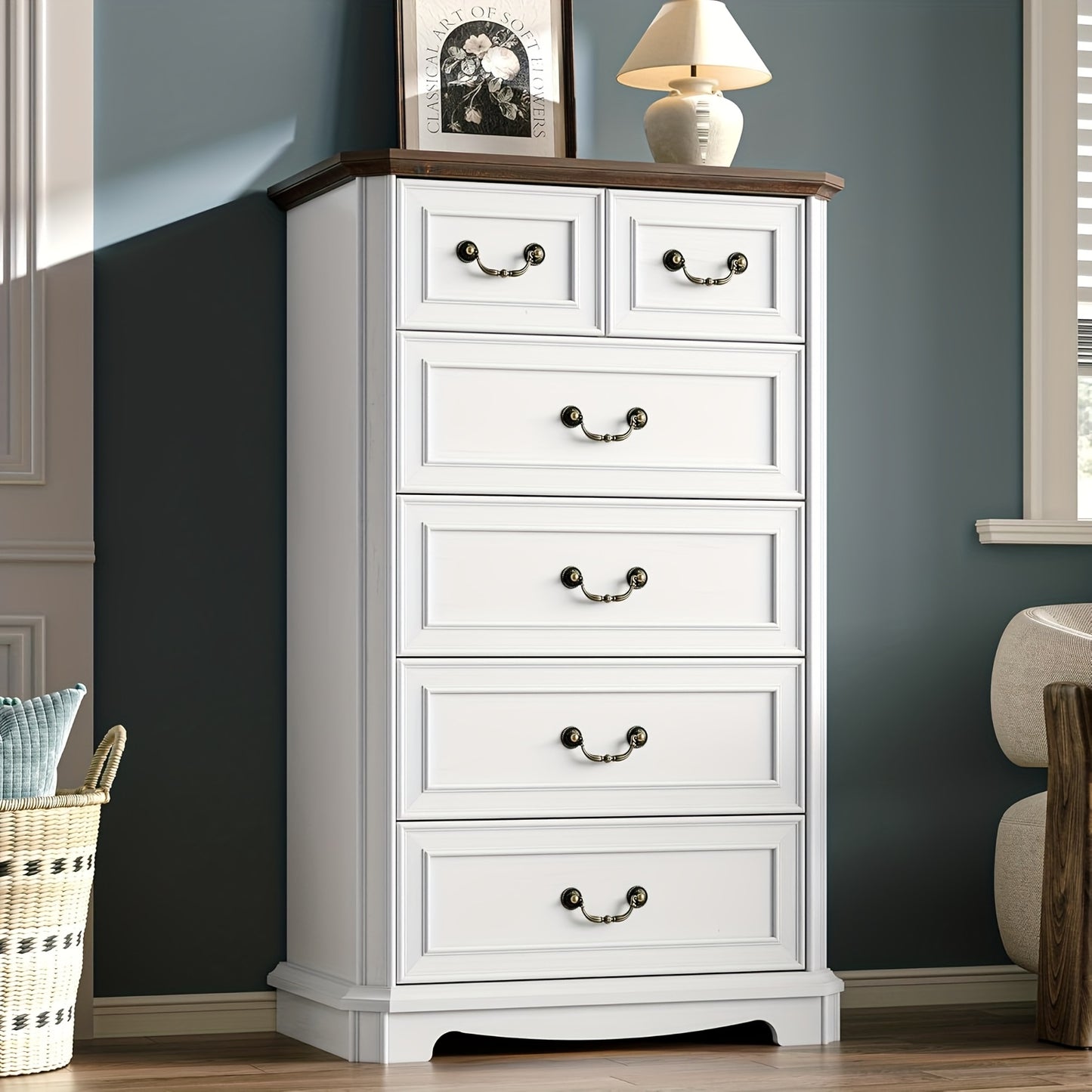 6-Drawer Vintage Dresser - Tall -Standing Chest of Drawers Suitable for Bedroom, Living Room, Hallway - & MDF, Space-Saving Vertical, Furniture Piece with Ample Organization Space