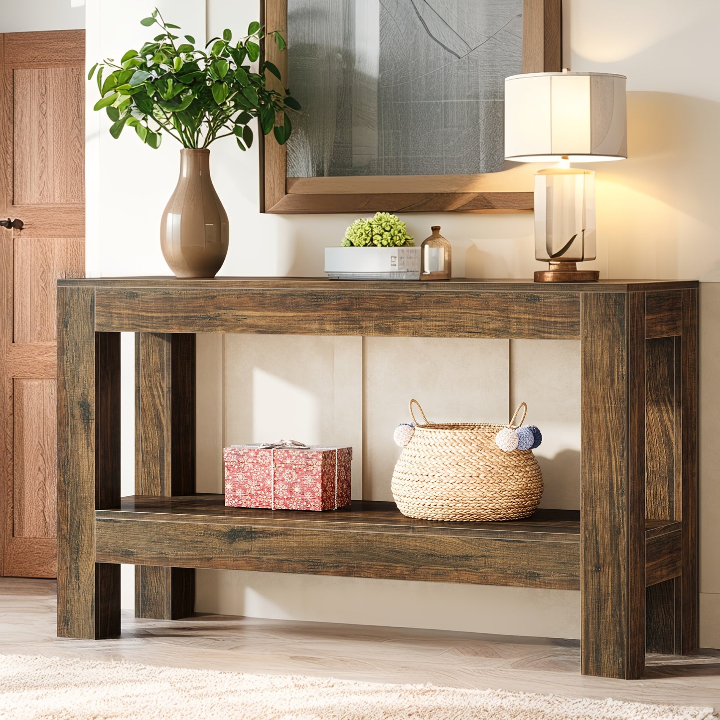 63-Inch Narrow Long Console Table | Farmhouse Wood Entryway Table For Hallway, Sofa, Entry, Entrance, Foyer, Behind Couch With 2-Tier Shelves, Brown, Byblight