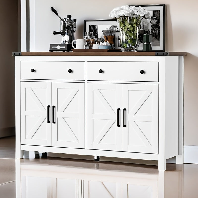 55-Inch Sideboard Buffet Cabinet Featuring Storage, a Coffee Bar with Two Drawers And Four Barn Doors, a Long Storage Cabinet in a Modern Farmhouse Style, Made of White Wood, Suitable for The Kitchen, Dining Room, Or Living R