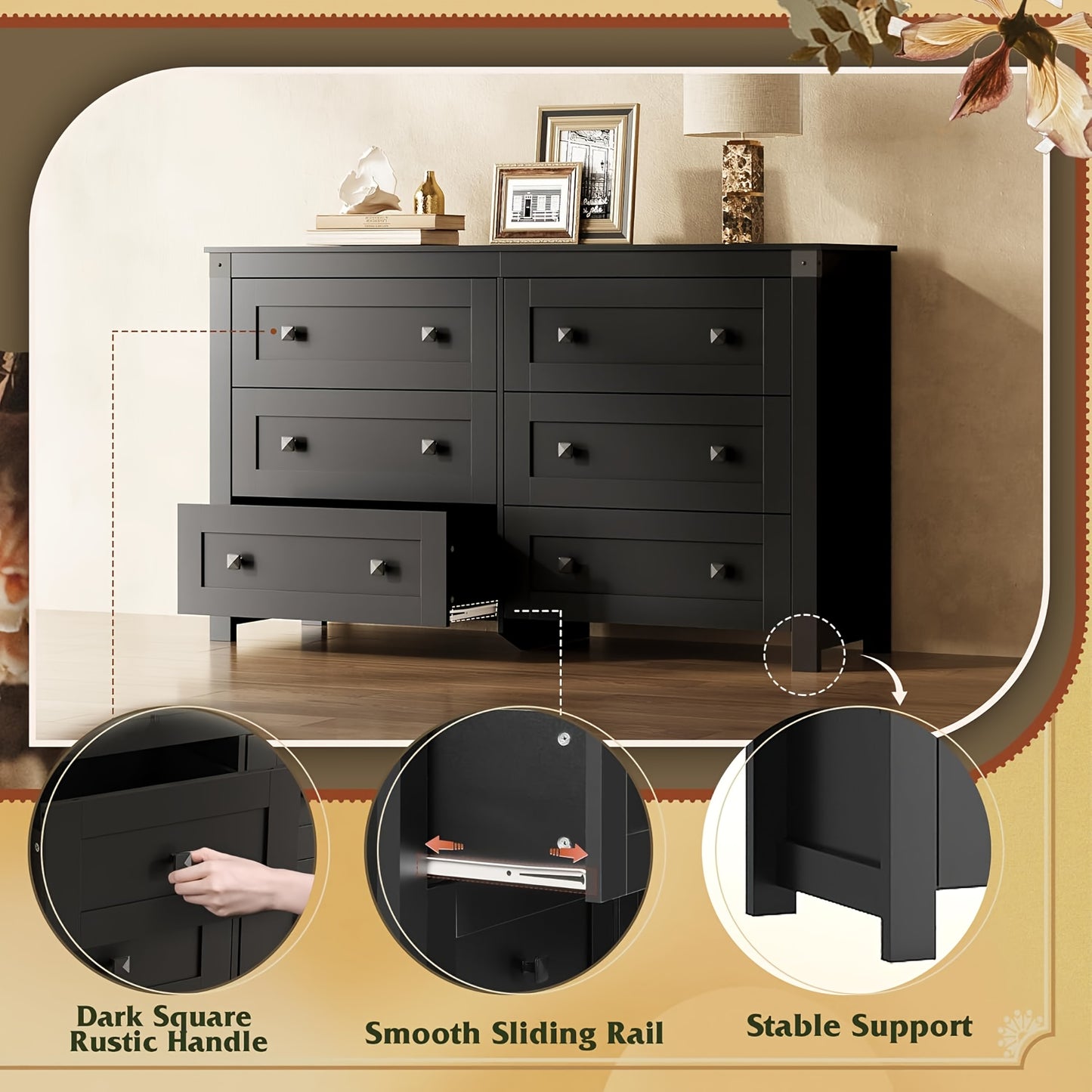 6-Drawer Solid Wood Dresser - Rustic Wide Chest of Drawers with Black Knobs, /Beige, Heavy-Duty, 27"+ Height -Standing for Bedroom, Living Room, Hallway Organizer (Assembly Required)