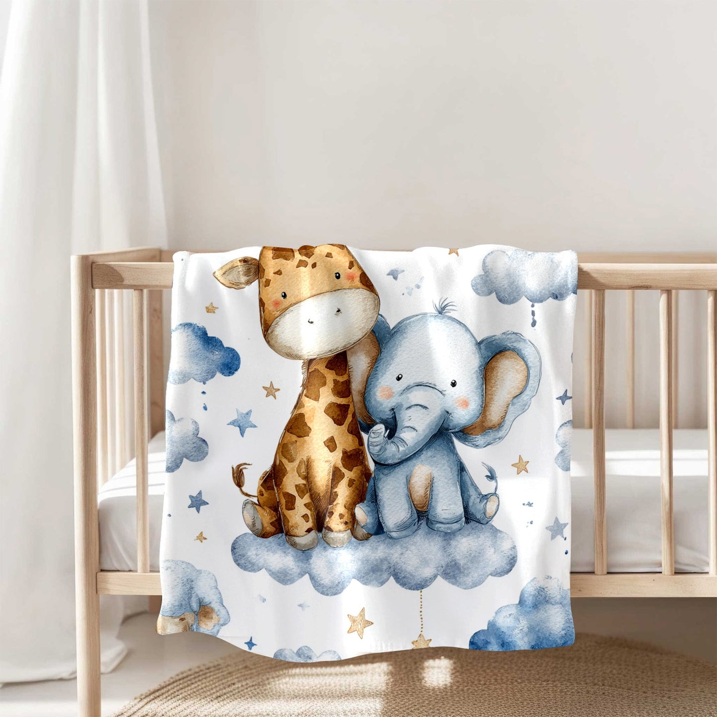 280gsm Jungle Bedspread - Giraffe & Elephant Plush Flannel Quilt Set with Clouds & Stars, Soft All-Season Bedding for, Bed, Sofa, Car, Camping - Cute Baby Animal Blanket Gift, Leopard Throw Blanket, Animal Hooded Blanket, Blu