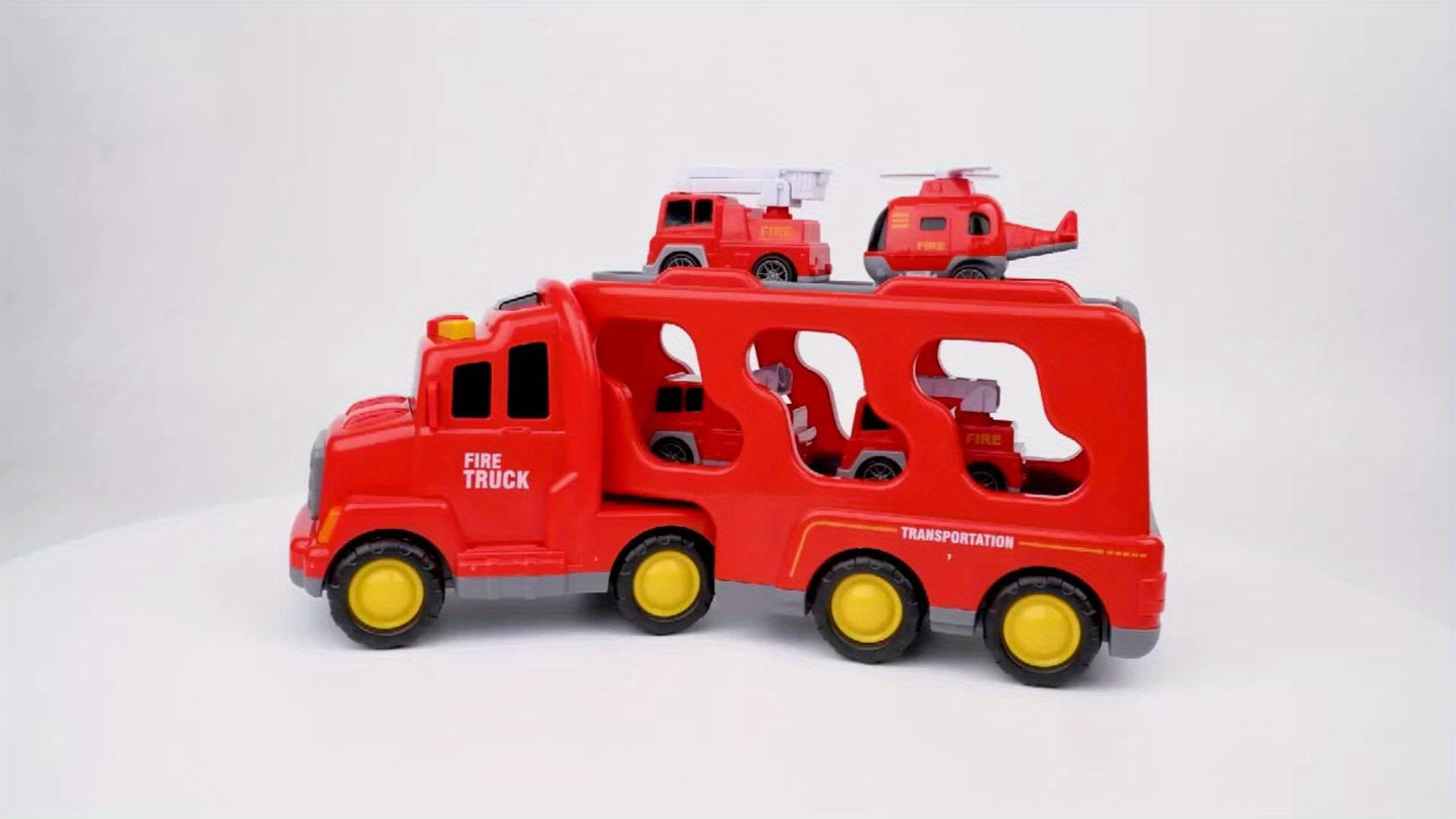 Fire Truck Toys for 3 4 5 Boys Toddlers, 5in 1 Kids Carrier Fire Trucks Cars for Boy Toys Birthday, Car Trucks Friction Power Toys with Light Sound