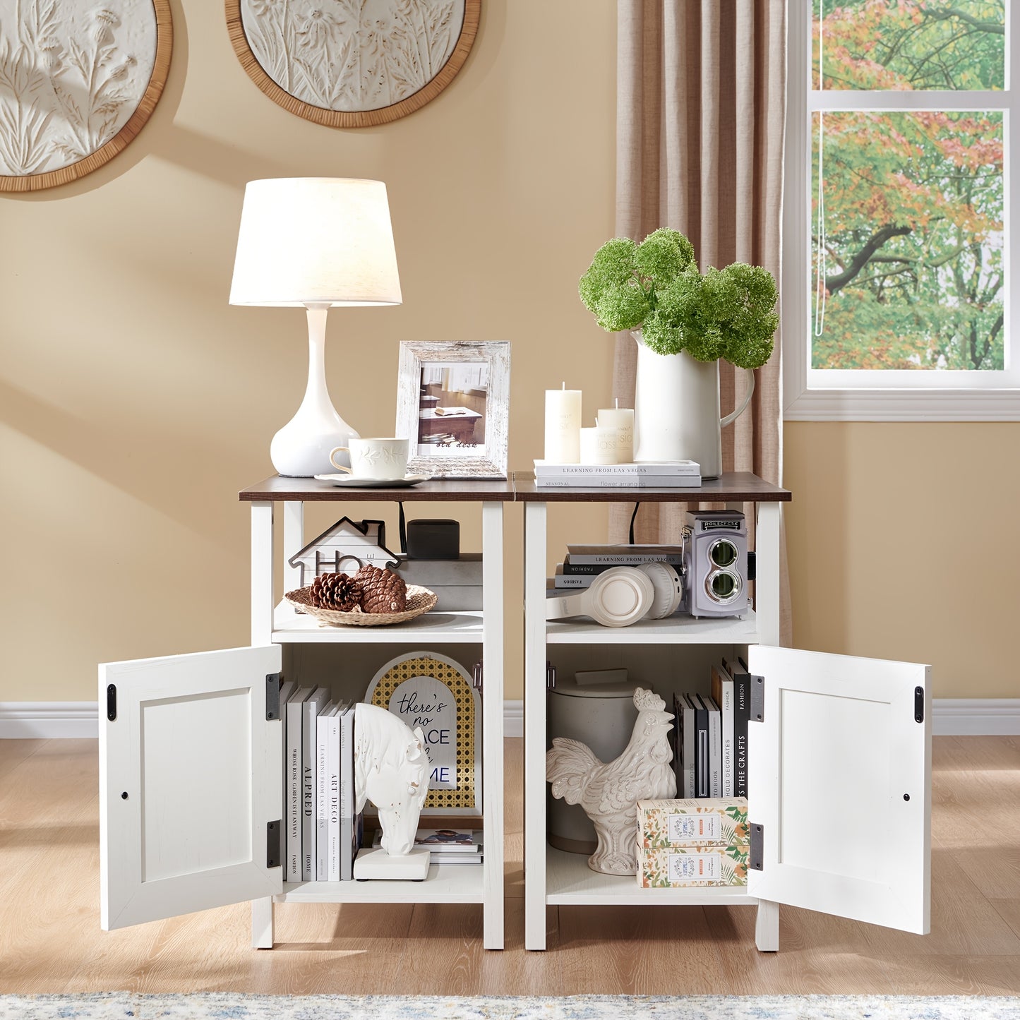 Farmhouse Nightstand Set Of 2 with Charging Station, End Table with Drawers And Storage Shelves for Living Room Bedroom