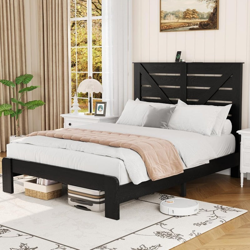 King Size High Bed Frame Black Color | Heavy Metal Bed Frame and Imitation Wooden Headboard, Easy and Easy to Assemble, With USB Charging Station and Night Light Function, Free Home Delivery (no Mattress)