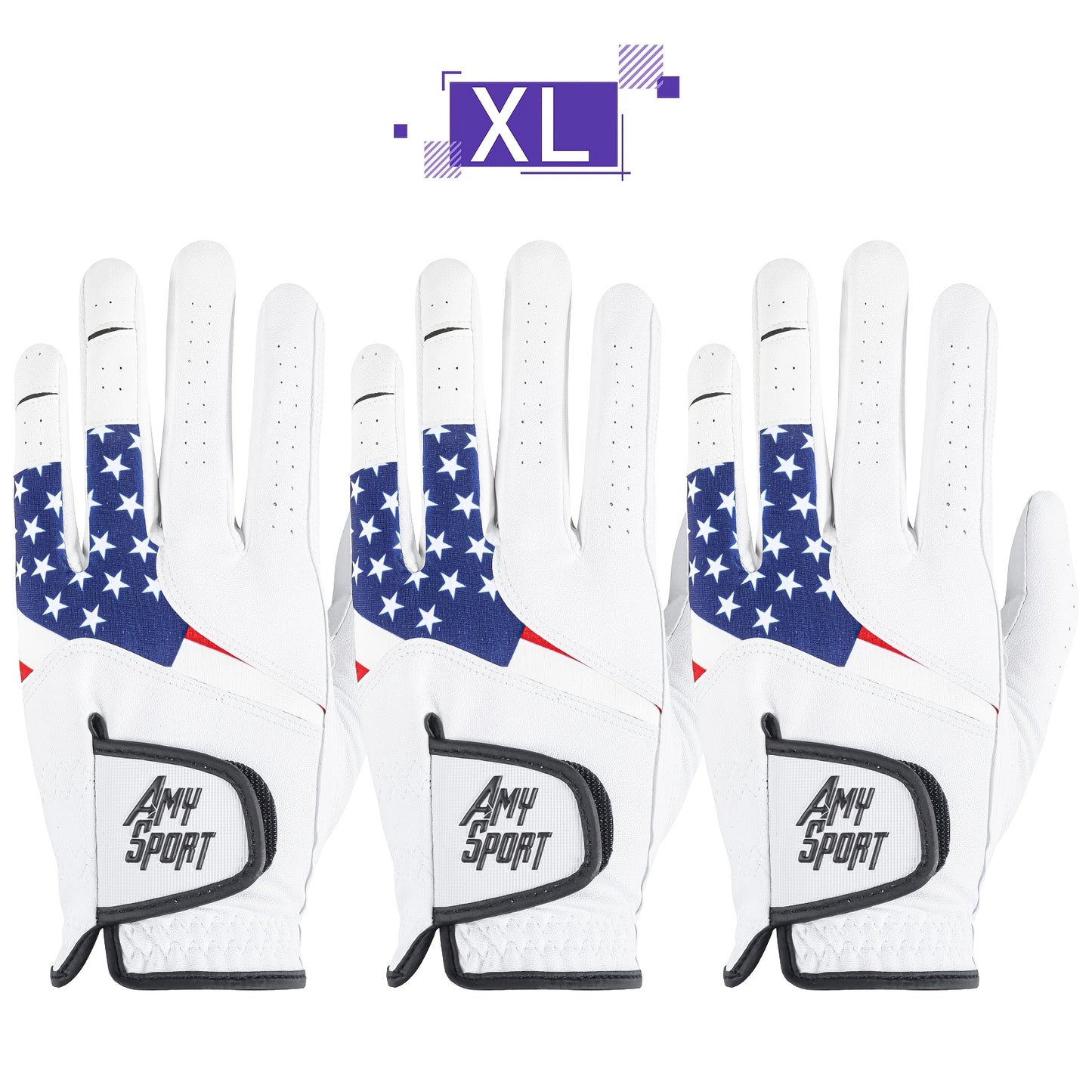 GKANDI Breathable Men's Golf Gloves Value 3 Pack for Left Hand, Stylish USA Flag Pattern with All Weather Grip for Reliable Swing Control, Fits A Range Of Sizes From S to XL