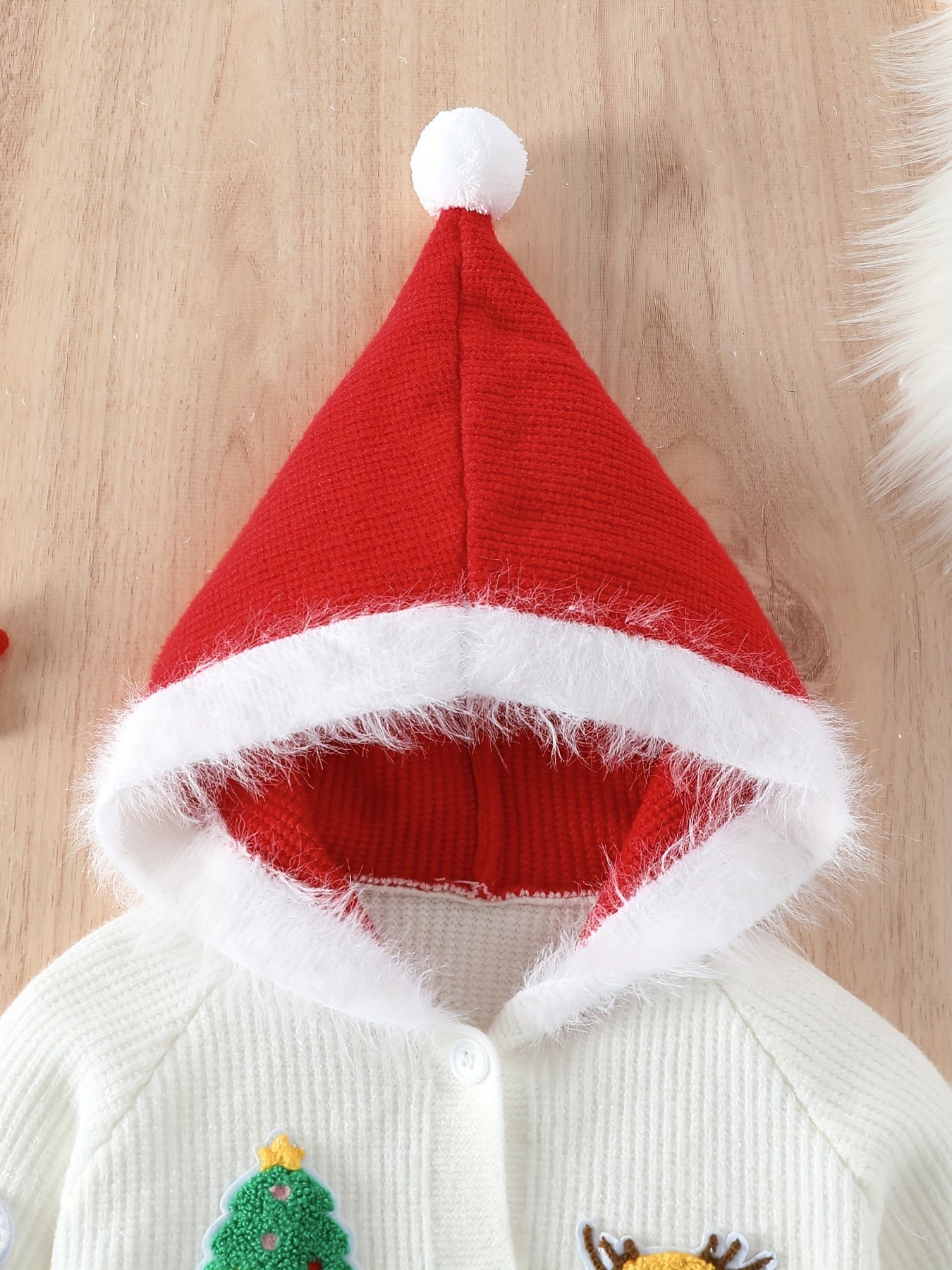 Girls' Christmas-Themed Knit Cardigan with Red Santa Hat & Festive Embroidery - Long Sleeve, White with Holiday Decorations, Perfect for Fall/Winter, Christmas Clothes for Girls