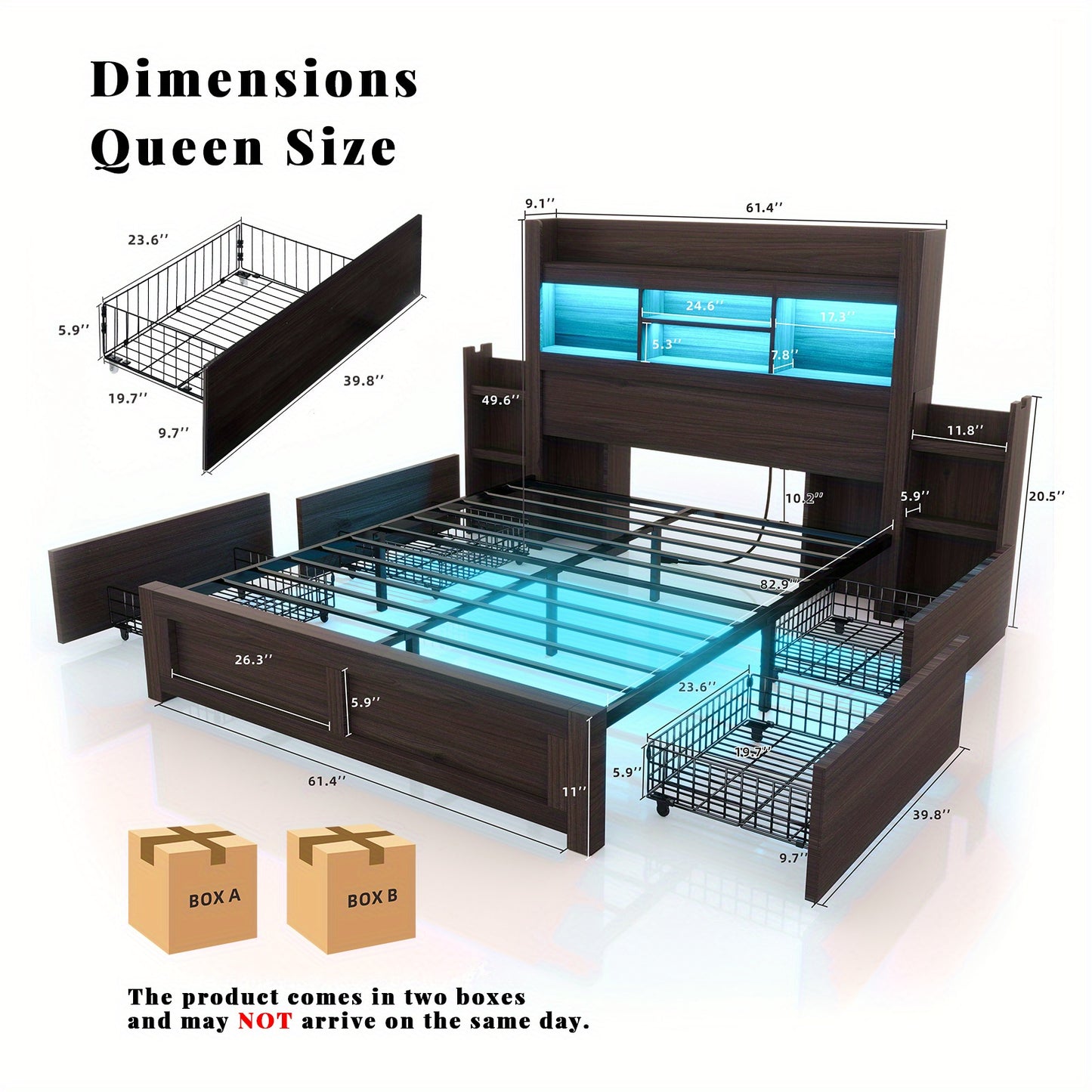 PAPABABE Bed Frame Featuring a 49.6-Inch Bookcase Headboard, Four Drawers, And Two Removable Storage Racks - a Farmhouse-Style Wooden Bed Frame Equipped with RGB LED Lights And a Charging Station, No Box Spring Required
