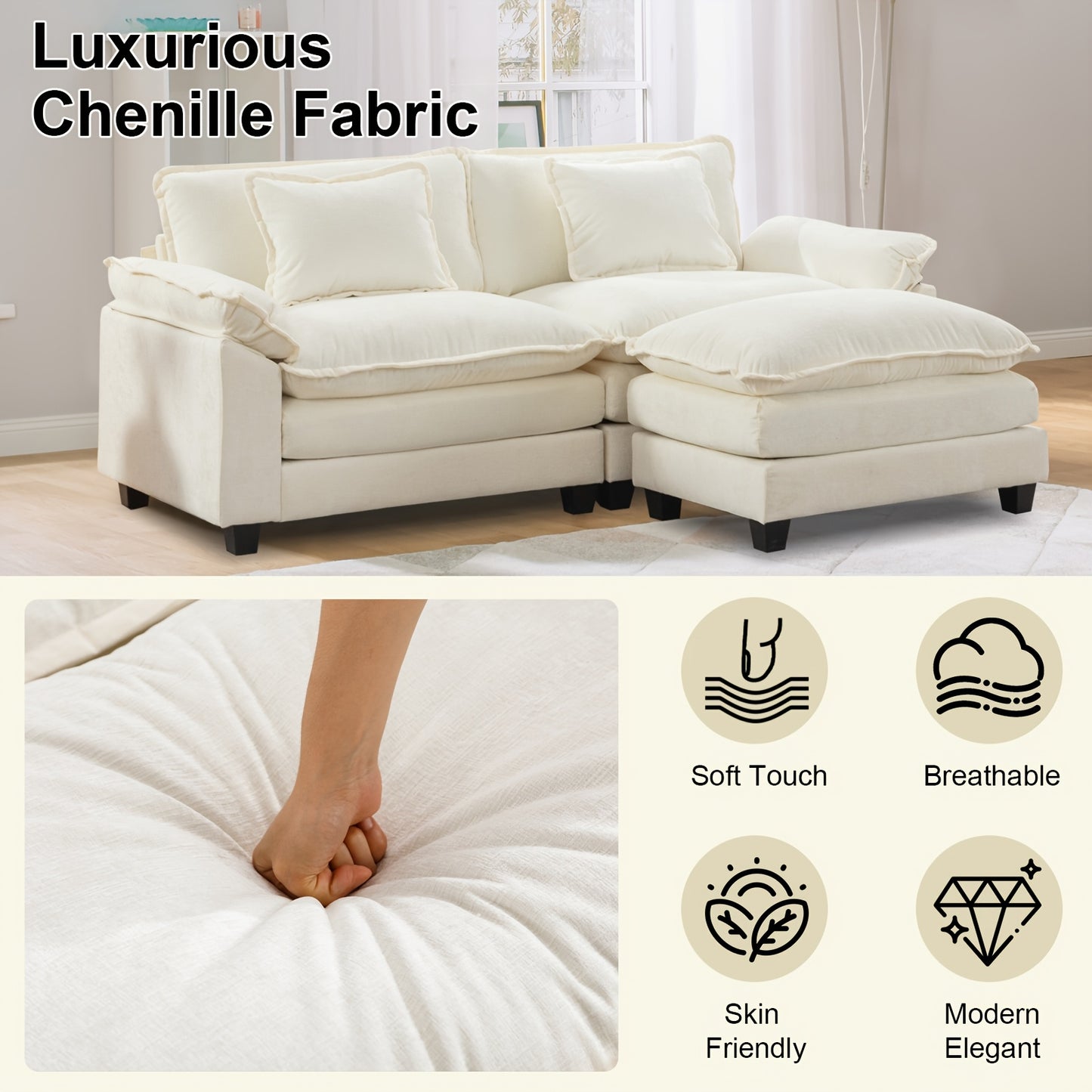 86'' Sectional Sofa, Modular Loveseat Sofa with Ottoman, Chenille Cloud Couch, Upholstered Deep Seat Sofa for Living Room, Apartment