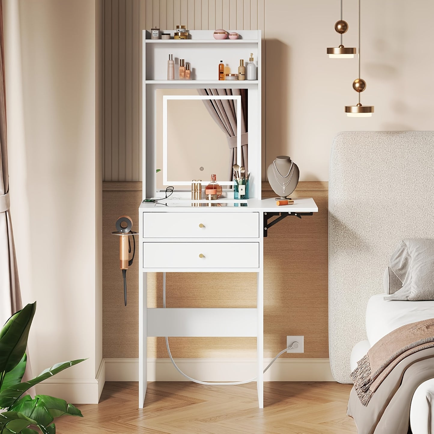 Space-Saving Vanity Desk with Illuminated Mirror, Folding Top, 2 Drawers, Charging Station And Matching Chair for Bedroom Or Apartment