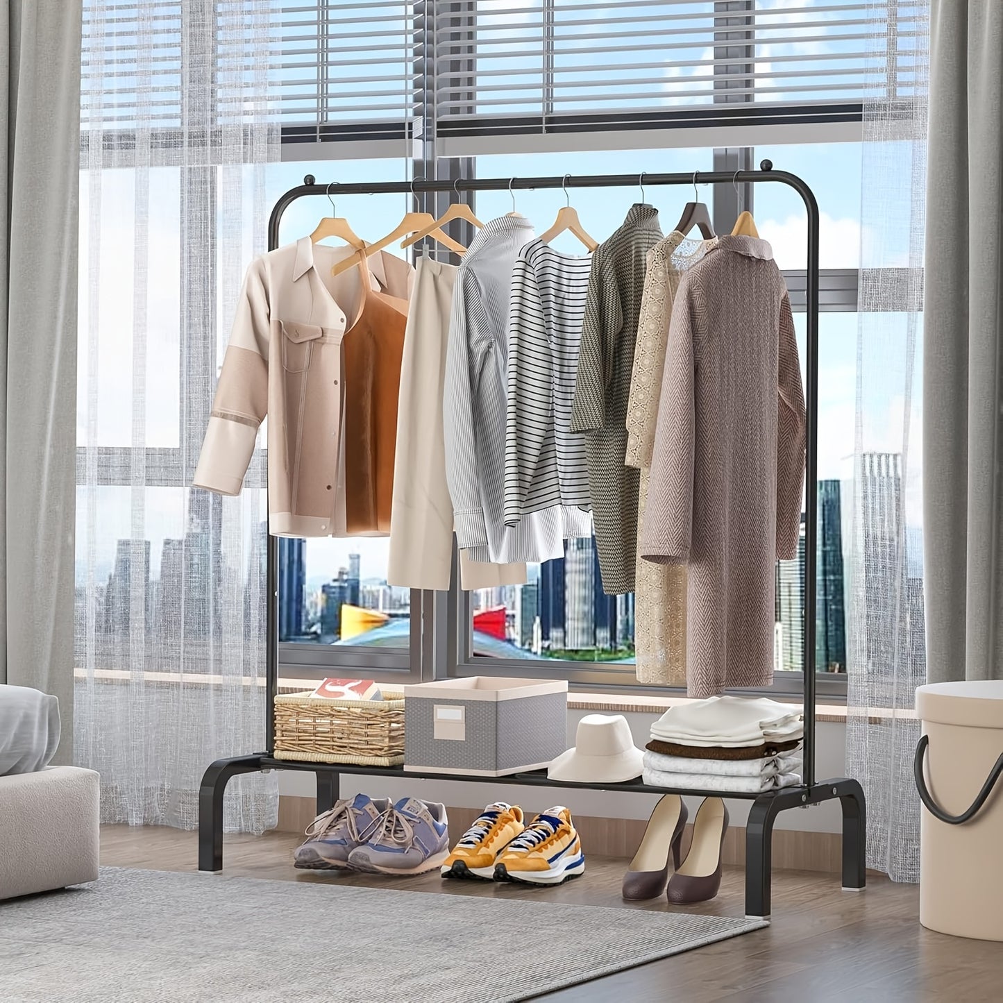 Heavy-Duty Alloy Clothing Rack with Bottom Shelf - Freestanding Garment Rack Suitable for Shirts, Jeans, Coats - Heavy-Duty Clothes Hanger with Storage Shelf, Retail/Commercial/ Use, Easy Assembly, Space-Saving Design