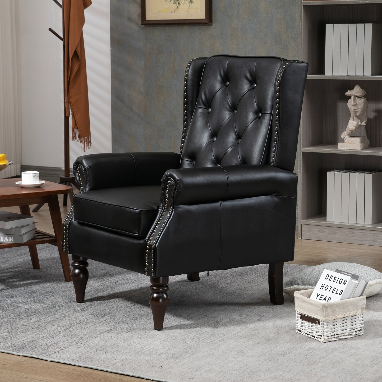Faux Leather Chesterfield Chair, a Modern Medieval Single Sofa, Plush Upholstered Armchair with Curved Arms for Home Bedroom Reading Room