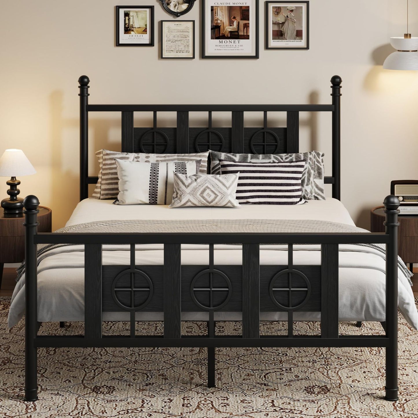 Bed Frame with Headboard and Footboard, Metal Twin Bed Frame with Vintage Circular Design & Storage Space Under Bed, No Box Spring Required, Easy Assembly, Noise-Free