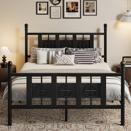 Bed Frame with Headboard and Footboard, Metal Twin Bed Frame with Vintage Circular Design & Storage Space Under Bed, No Box Spring Required, Easy Assembly, Noise-Free