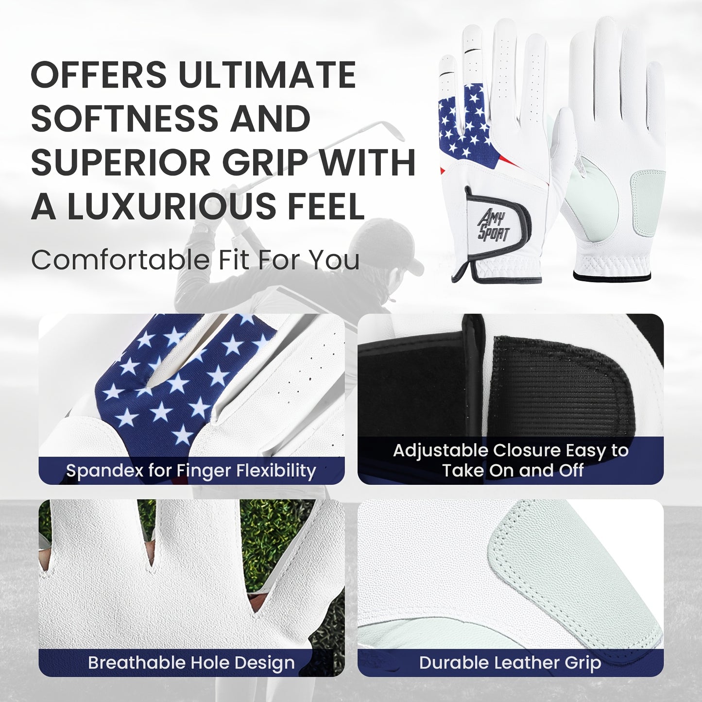 GKANDI Breathable Men's Golf Gloves Value 3 Pack for Left Hand, Stylish USA Flag Pattern with All Weather Grip for Reliable Swing Control, Fits A Range Of Sizes From S to XL