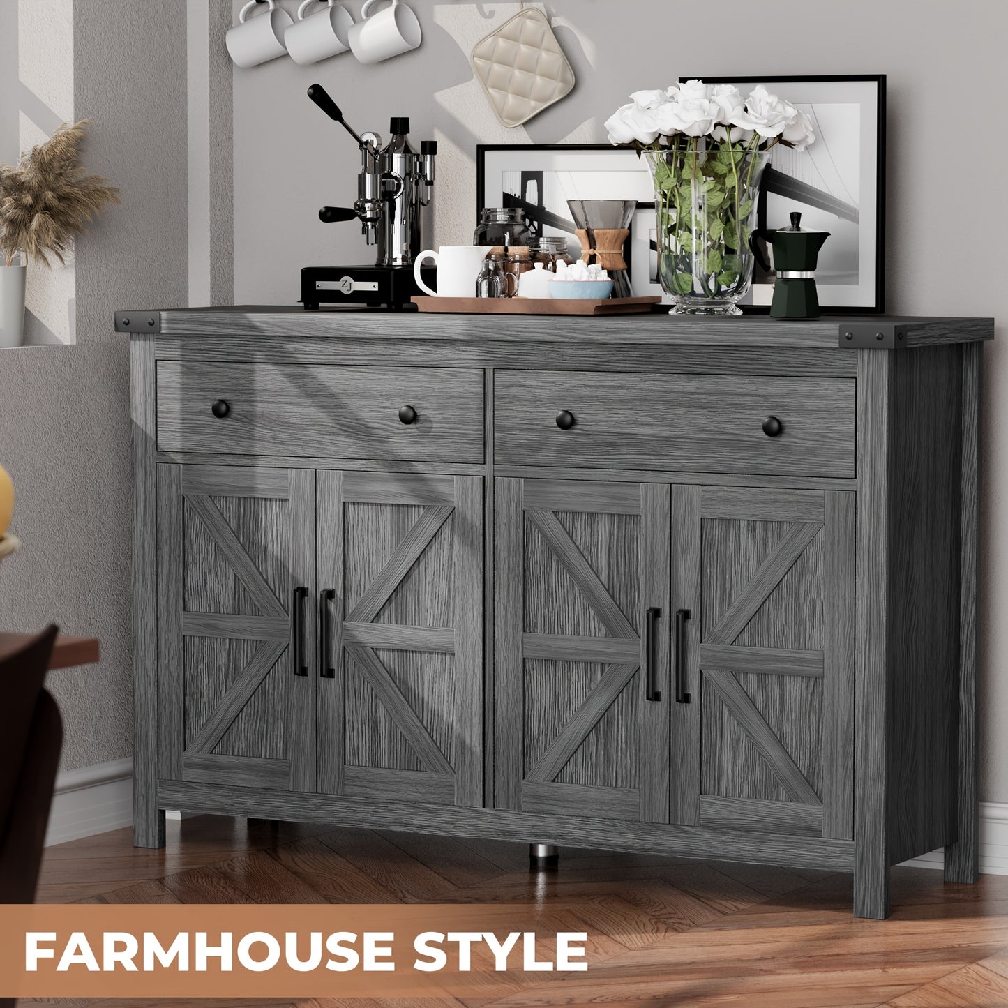 55-Inch Sideboard Buffet Cabinet Featuring Storage, a Coffee Bar with Two Drawers And Four Barn Doors, a Long Storage Cabinet in a Modern Farmhouse Style, Made of White Wood, Suitable for The Kitchen, Dining Room, Or Living R