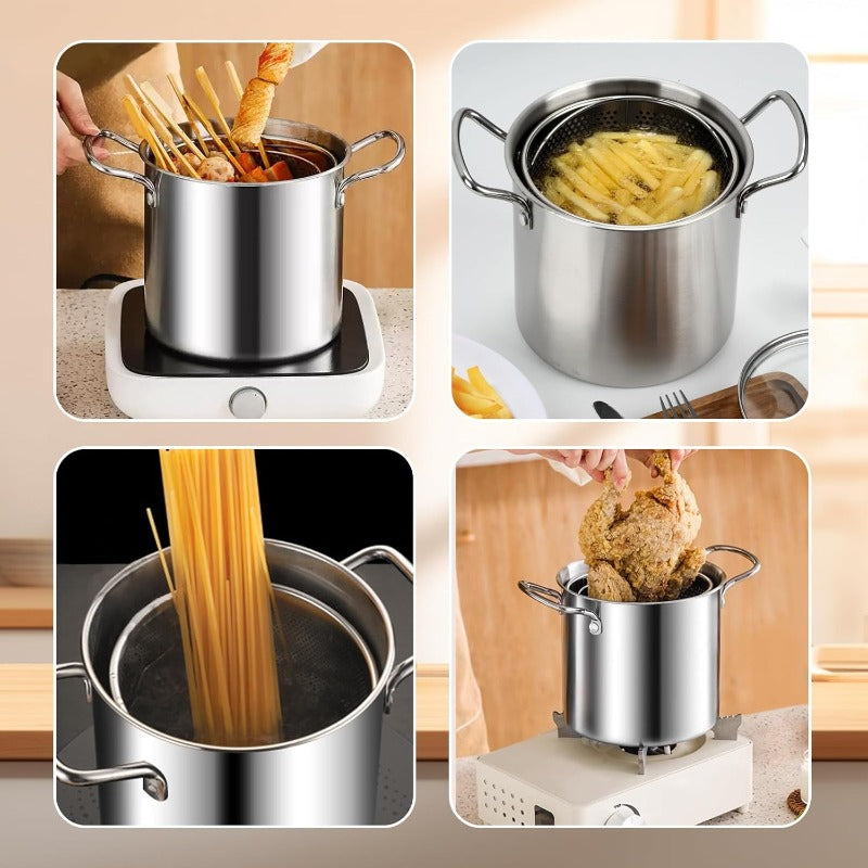 118.35oz Stainless Steel Deep Fryer Pot with Lid & Basket - Heavy-Duty Commercial/Residential Large Frying Pan, Oil Drip Drainer System, Sturdy Handle for Kitchen, Restaurant, Party, Picnic - No Required