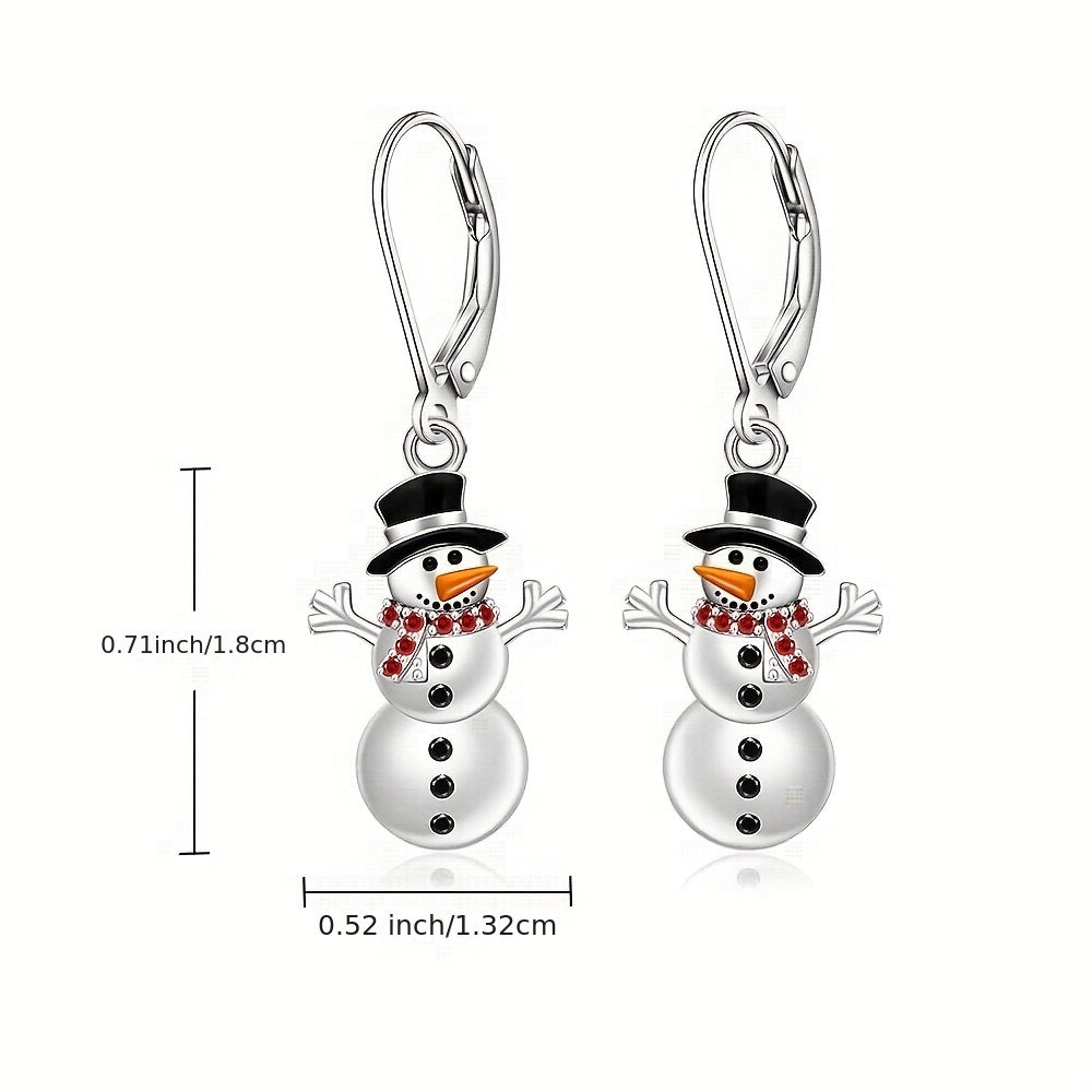 Boho Cute Christmas Snowman Pendant Necklace And Earrings, 925 Sterling Silver Plated with Synthetic 5A Zirconia, Holiday Themed Jewelry for Women, Perfect for Daily Wear And Parties, Ideal Christmas Gift