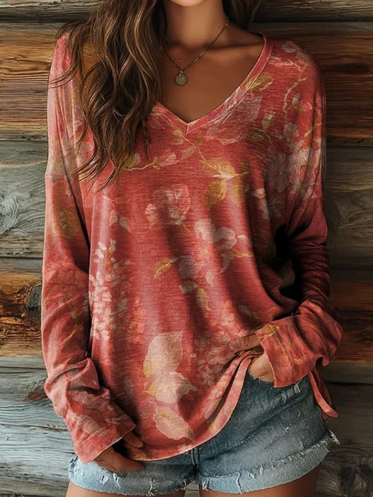 Spring Vintage Orange Floral Print V-neck Top with Long Sleeves, Slim Fit, Loose and Lazy Style, Casual and Versatile Women's T-shirt