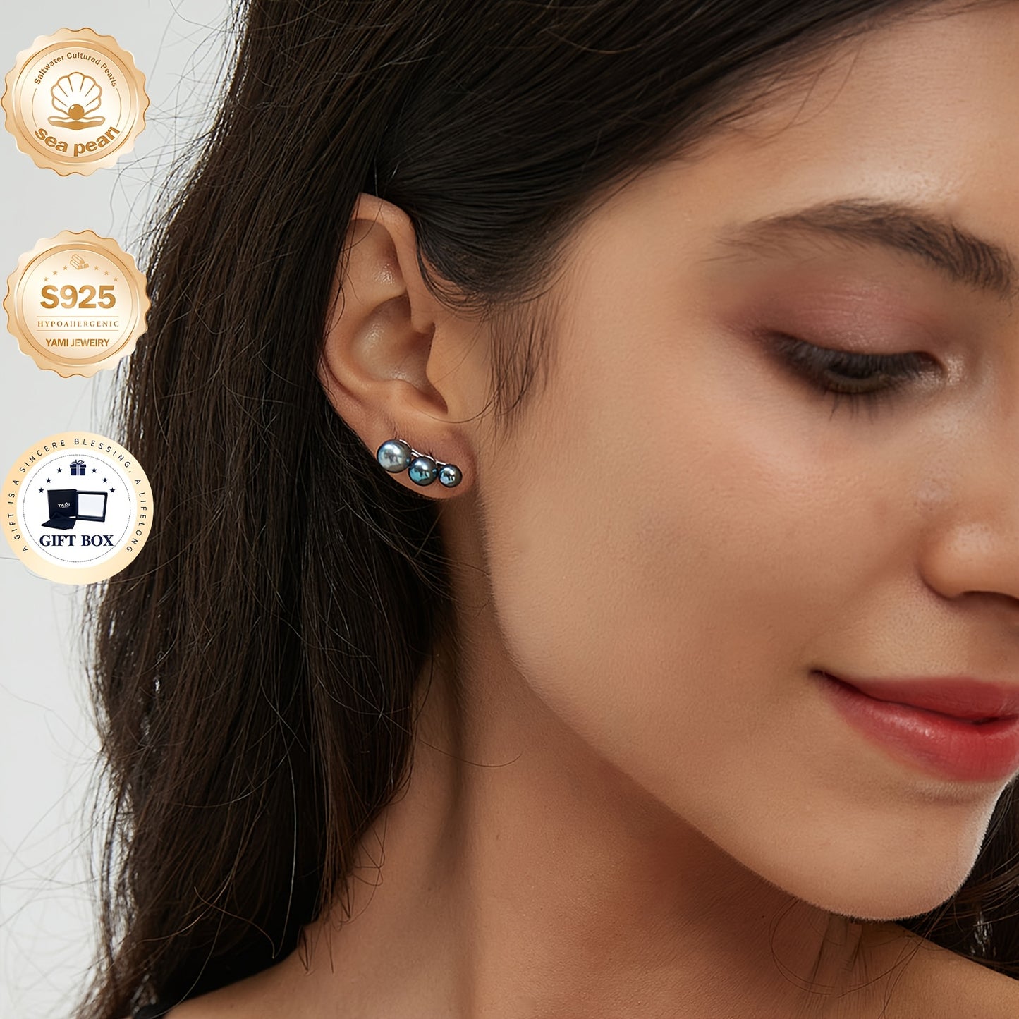 YAMI Black Seawater Pearl Stud Or Hoop Earrings For Women, 925 Sterling Silver Hypoallergenic Earrings, Climber Crawler Jewelry, Dainty Jewelry Gifts For Anniversary Birthday