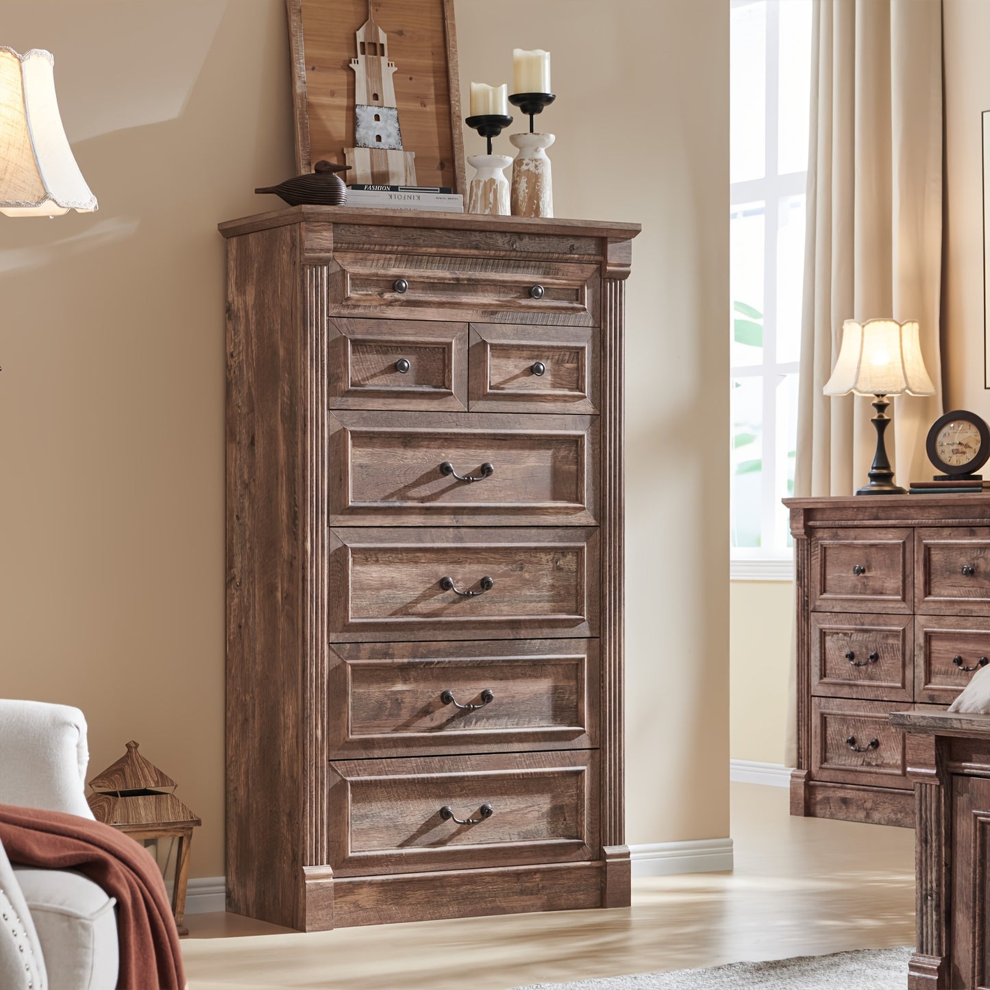 57" Tall Farmhouse Dresser with 7 Drawers, Wooden Storage Chest Featuring Roman Columns for Bedroom Or Hallway | Wooden Decoration