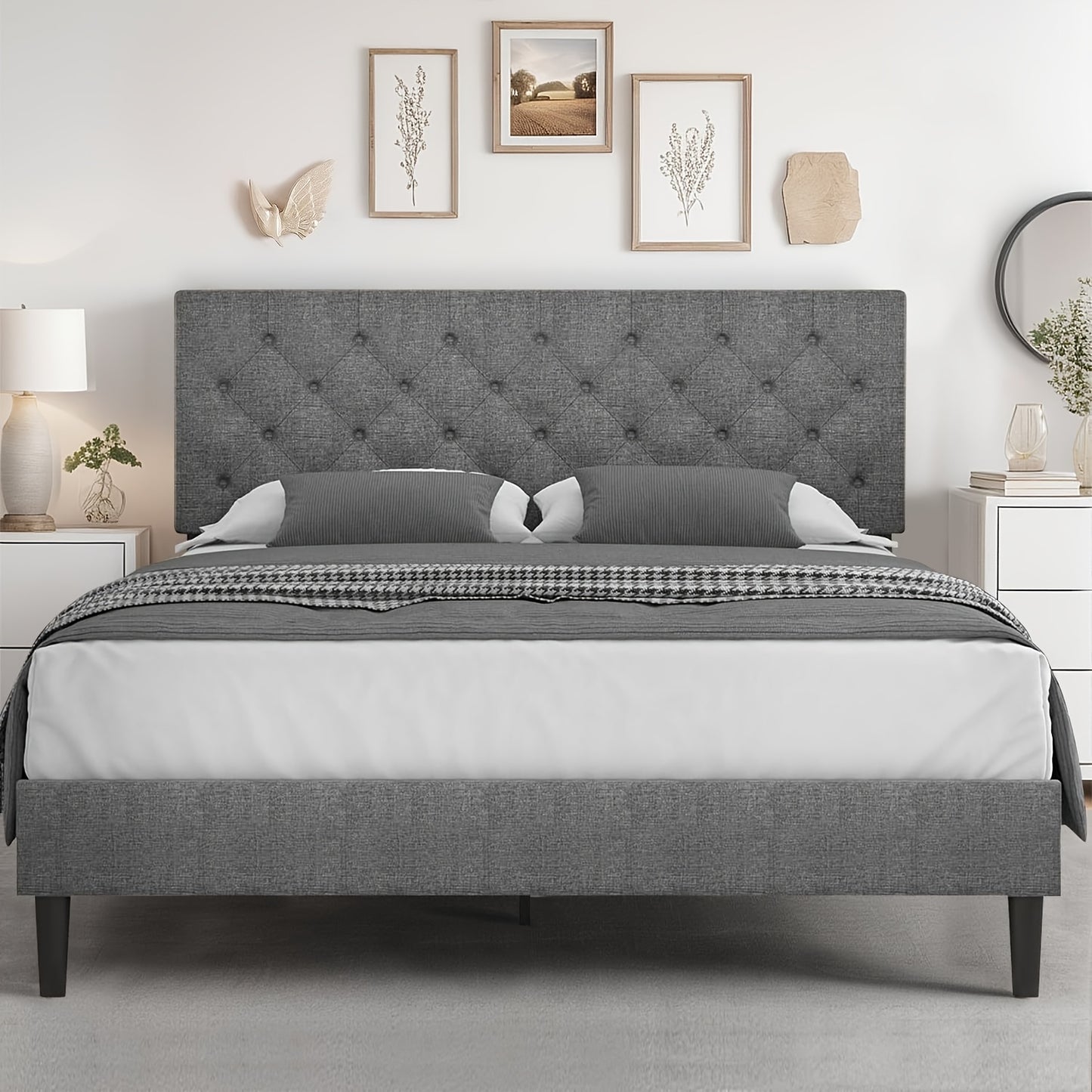Twin/Full/Queen/King Size Bed Frame With Headboard, Linen Fabric Upholstered Bed Frame With Wood Slats(mattress Not Included), Halloween Decor, Wood Slats For Easy Assembly, Button Tufted, White/Blue/Dark Gray/Light Gray/Pink