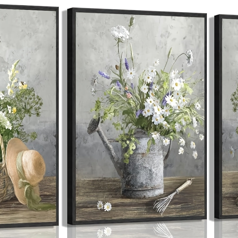 3 Count Country Daisies Poster Wall Art Countryside Flower Painting Picture Wall Decor Farmhouse Still Life Basket Poster Print Artwork for Bathroom Decoration 12x16in, Available 365 Days